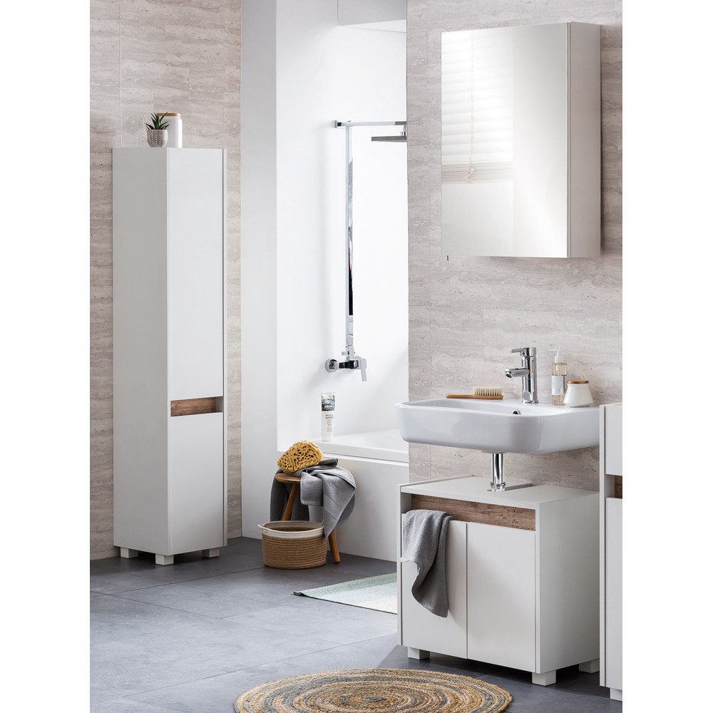 Lomadox Babyzimmer-Komplettset Corato, (3-St), Badezimmer modern Unterschrank Spiegelschrank Hochschrank weiß Eiche