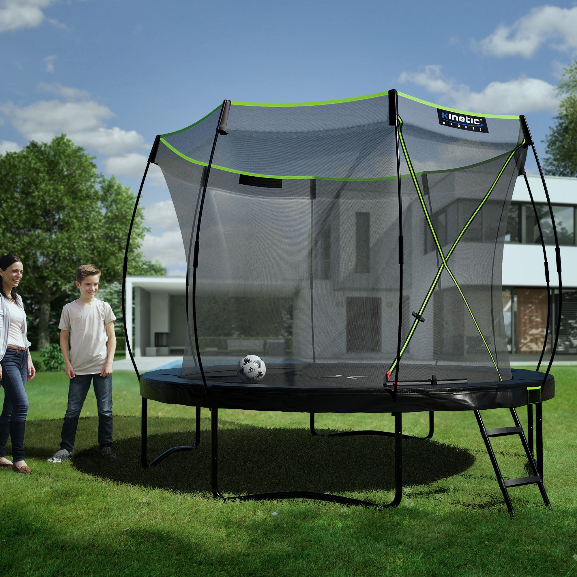 Kinetic Sports Gartentrampolin ULTIMATE PRO, Ø 305 cm, mit Leiter, Fieberglas-Netzstangen, AirMAXX Sprungtuch