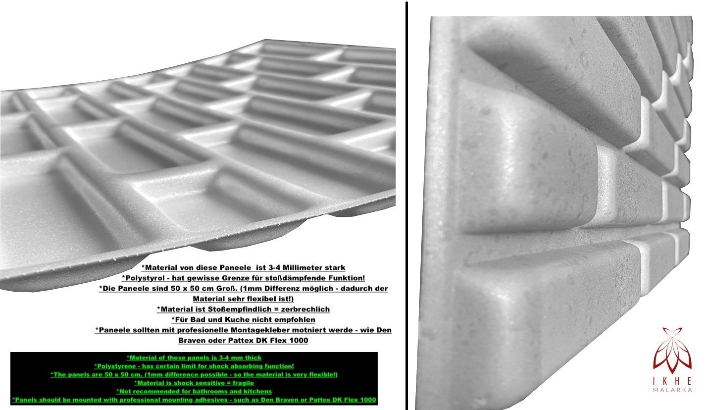 IKHEMalarka 3D 50,00x50,00 42 Wandpaneel 2m²/8PCS BxL: cm, Betonlook qm Wandpaneele 0,50 Deckenpaneele POLYSTYROL Ziegel