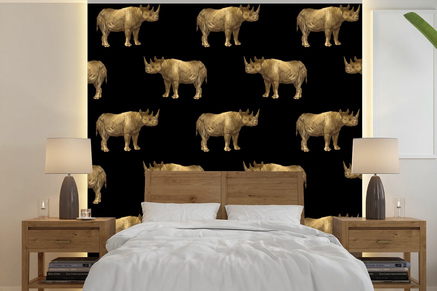 MuchoWow Fototapete Muster - Nashorn - Gold - Schwarz, Matt, bedruckt, (5 St), Vinyl Tapete für Wohnzimmer oder Schlafzimmer, Wandtapete