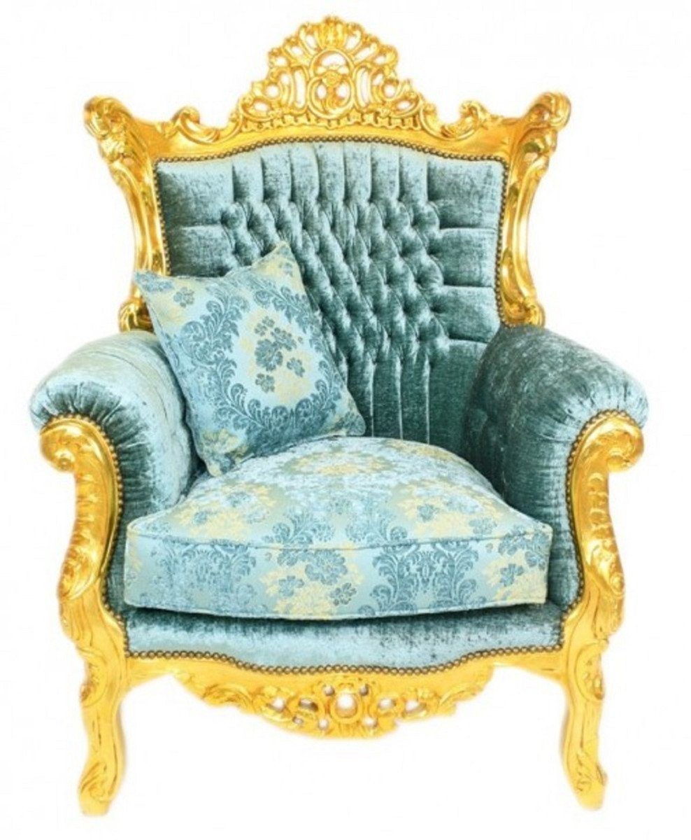 Casa Padrino Sessel Barock Sessel Türkis / Gold - Handgefertigter Massivholz Wohnzimmer Sessel mit Samtstoff - Antik Stil Sessel - Barock Möbel