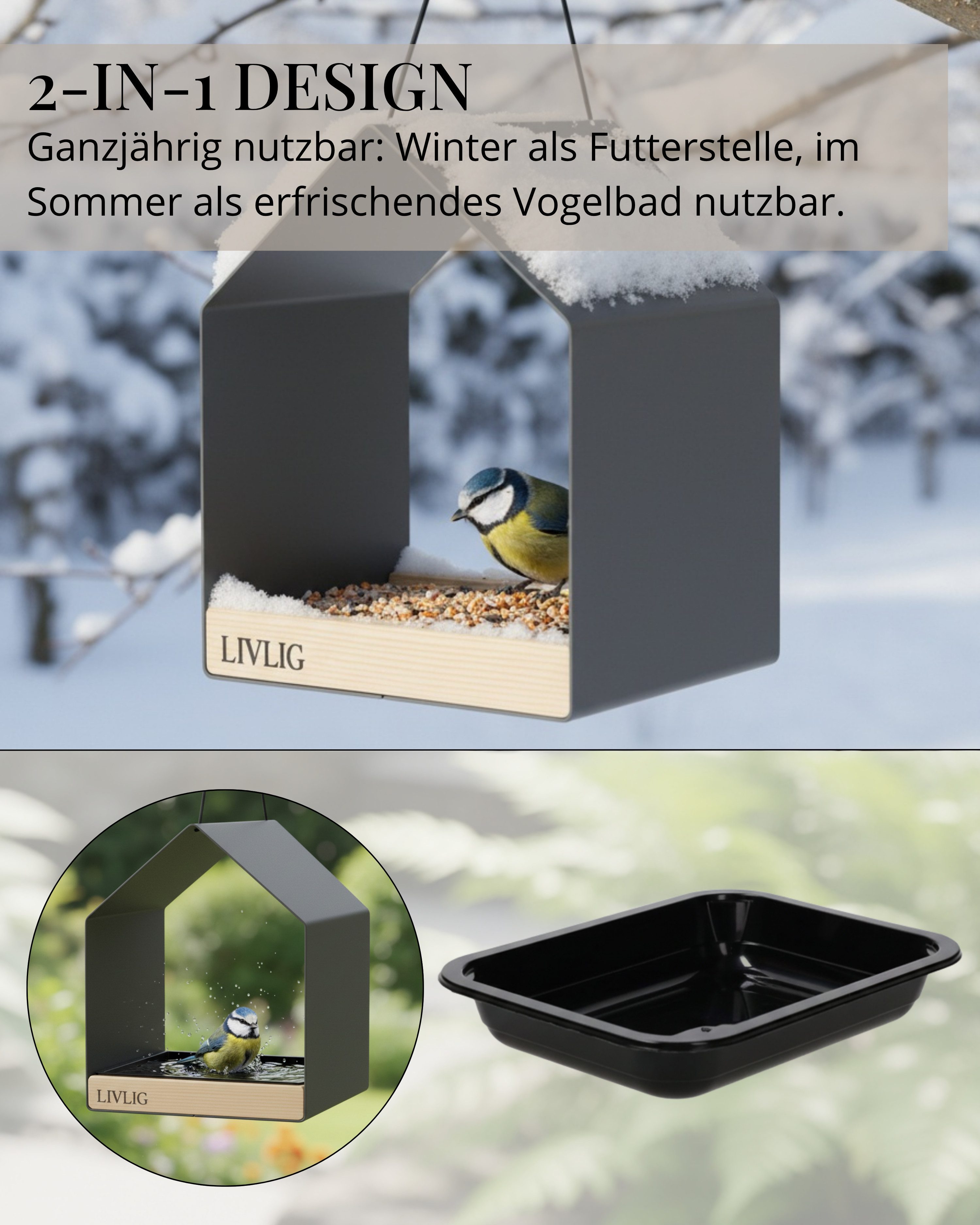 LIVLIG Vogelhaus Modernes Vogelfutterhaus, Vogelhaus zum Aufhängen aus Metall, Vogelfutterhaus & Vogeltränke zum Aufhängen oder Hinstellen