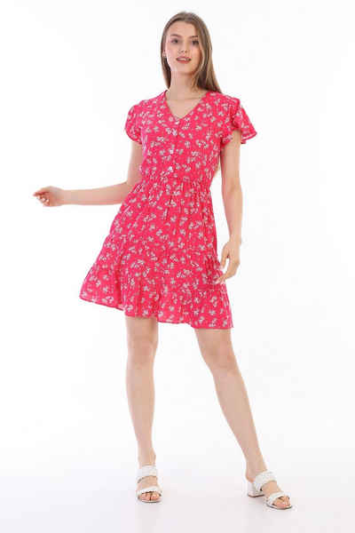 Bongual Sommerkleid V-Ausschnitt mit Knopfleiste Strandkleid geblümt Baumwolle