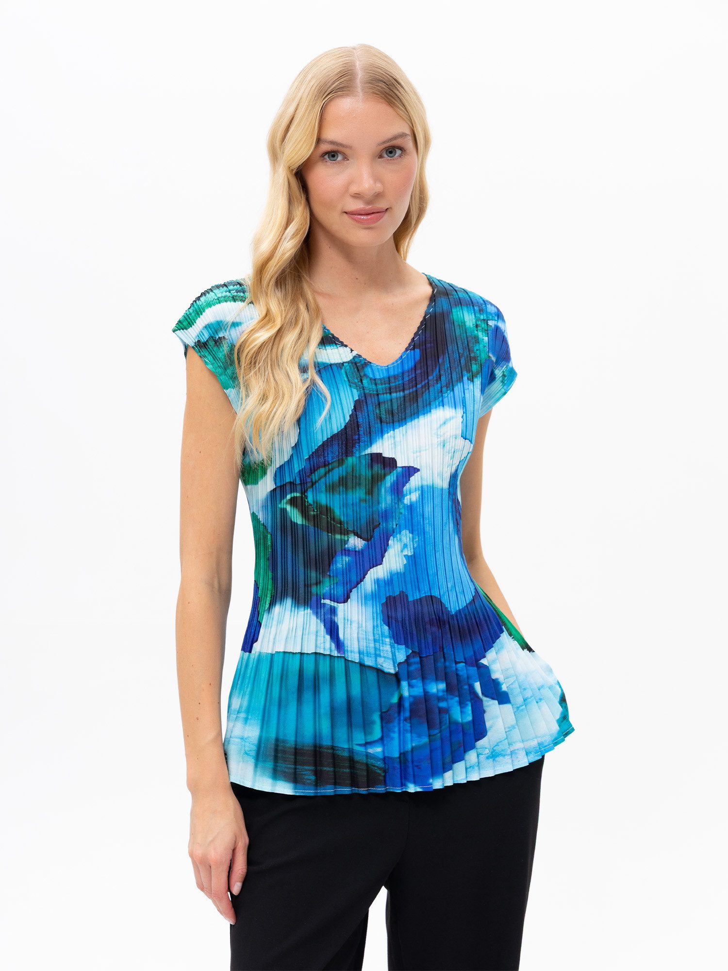 Passioni Plisseeshirt in Blautönen Sommer T-Shirt mit Plissé mit floralem Muster Einheitsgröße (36-50)
