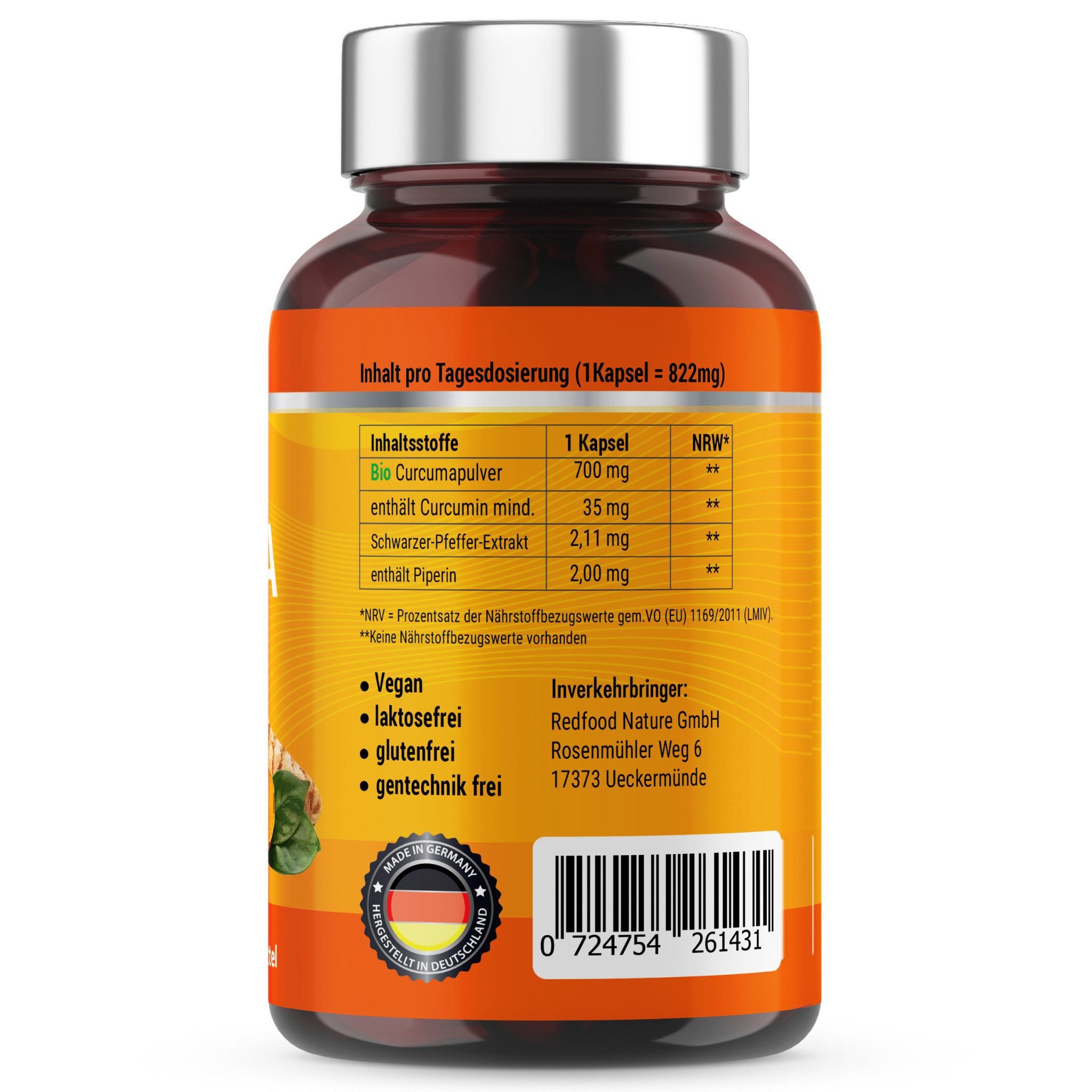 Redfood Bio Kurkuma Kapseln Kapseln, 1 er 500 St., 412 g