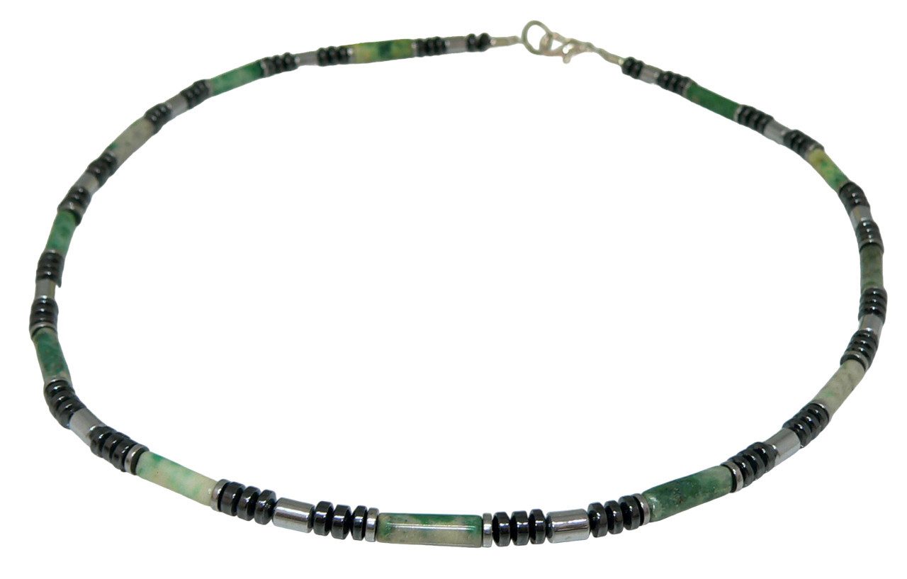 traumschmuck Perlenkette 033d Halskette Impressions Jaspis Moosgrün marmoriert Hämatit silber (Geschenk, Muttertag, Weihnachten, Geburtstag, Valentinstag, incl. Schmuckbox), handgefertigt, Made in Germany