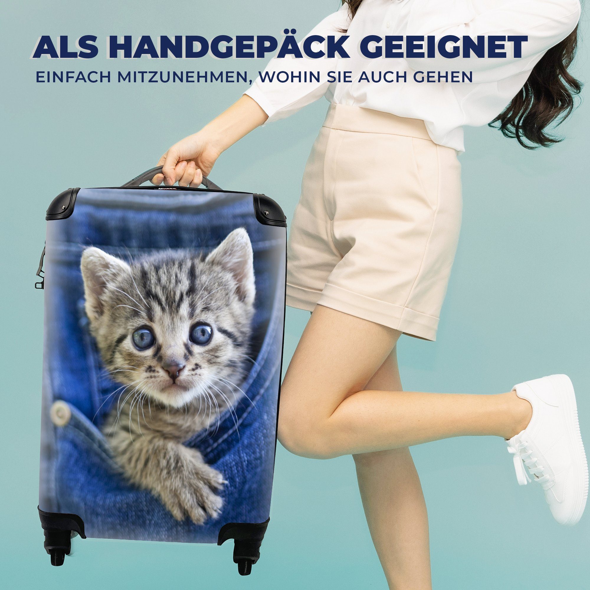 Denim-Jeans, in Trolley, Ein Rollen, rollen, mit MuchoWow Reisetasche Reisekoffer für 4 Kätzchen Handgepäck Ferien, Handgepäckkoffer