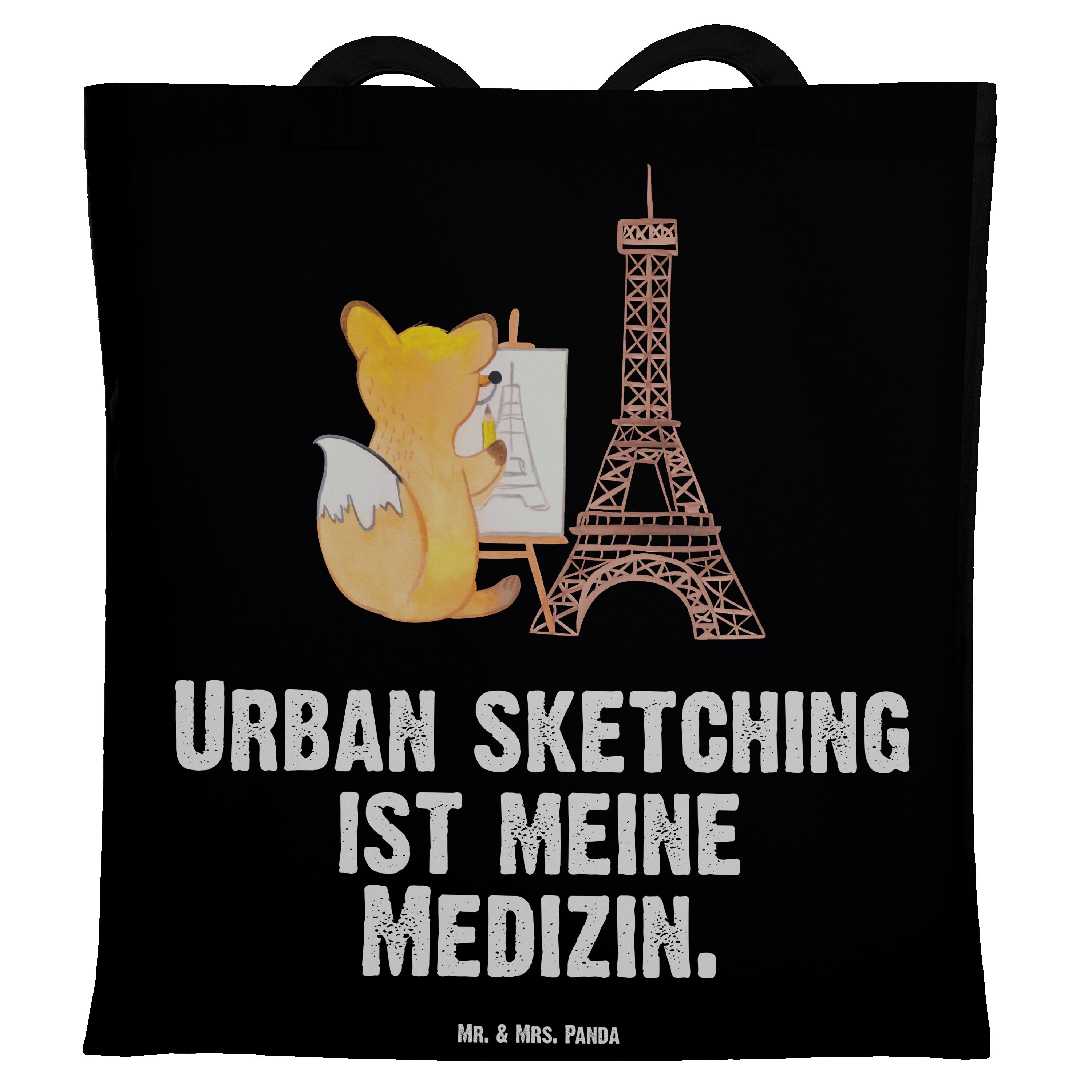 Mr. & Mrs. Panda Tragetasche Fuchs Urban sketching Medizin - Schwarz - Geschenk, Sportler, Künstle (1-tlg)