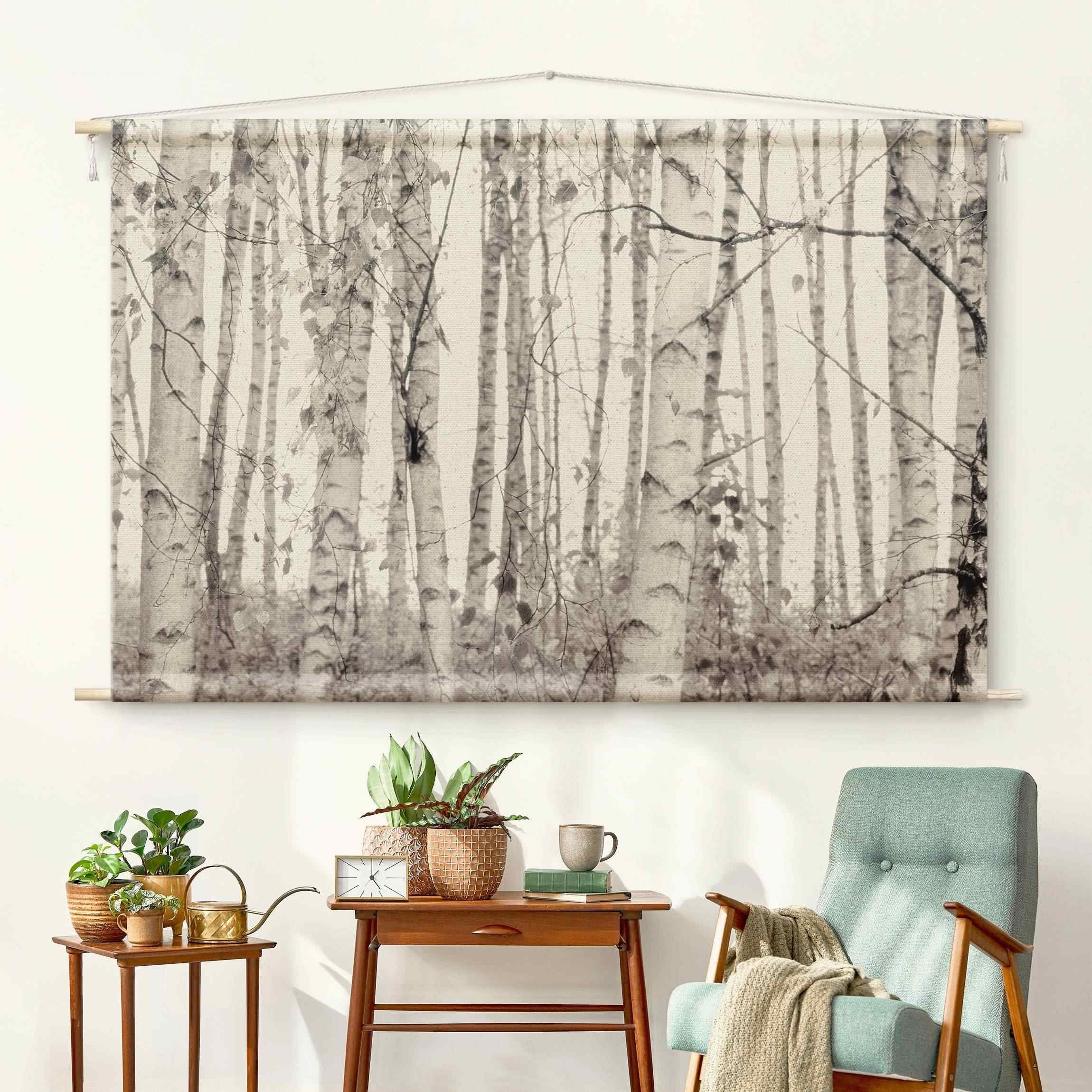 Bilderdepot24 Wandteppich modern Wald Natur schwarz-weiß grau, rechteckig, Höhe: 2.6 mm, großes Wandbild aus Natur-Baumwolle Wandbehang Stoffbild Tuch Wollseil