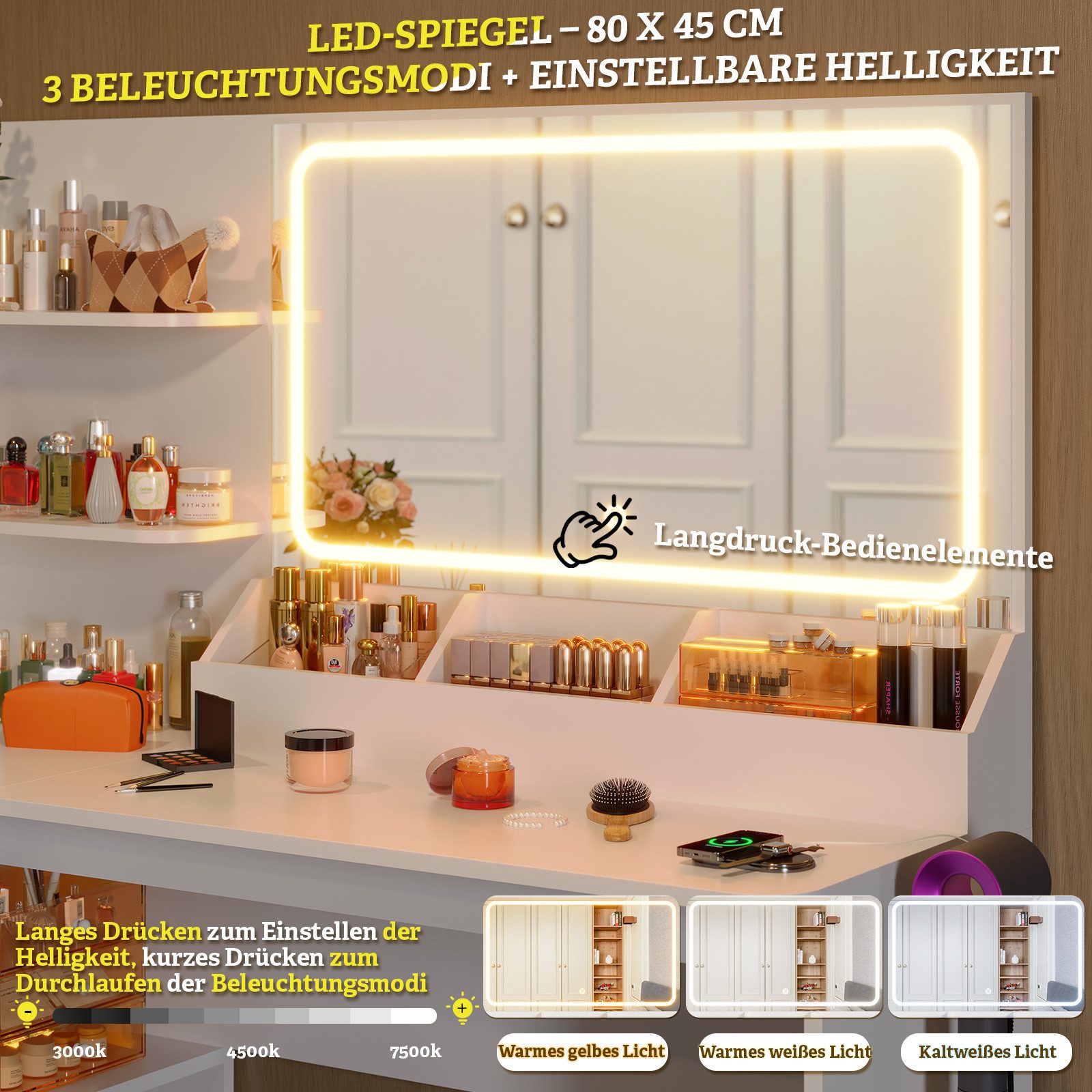 Furnicopia Schminktisch LED-Schminktisch mit großer Ablagefläche und Hocker (Maße: 120 x 80 x 136 cm Ausstattung: 5 Schranktüren, 8 Staufächer Ausstattung: 2 St – Bild 5 von 5