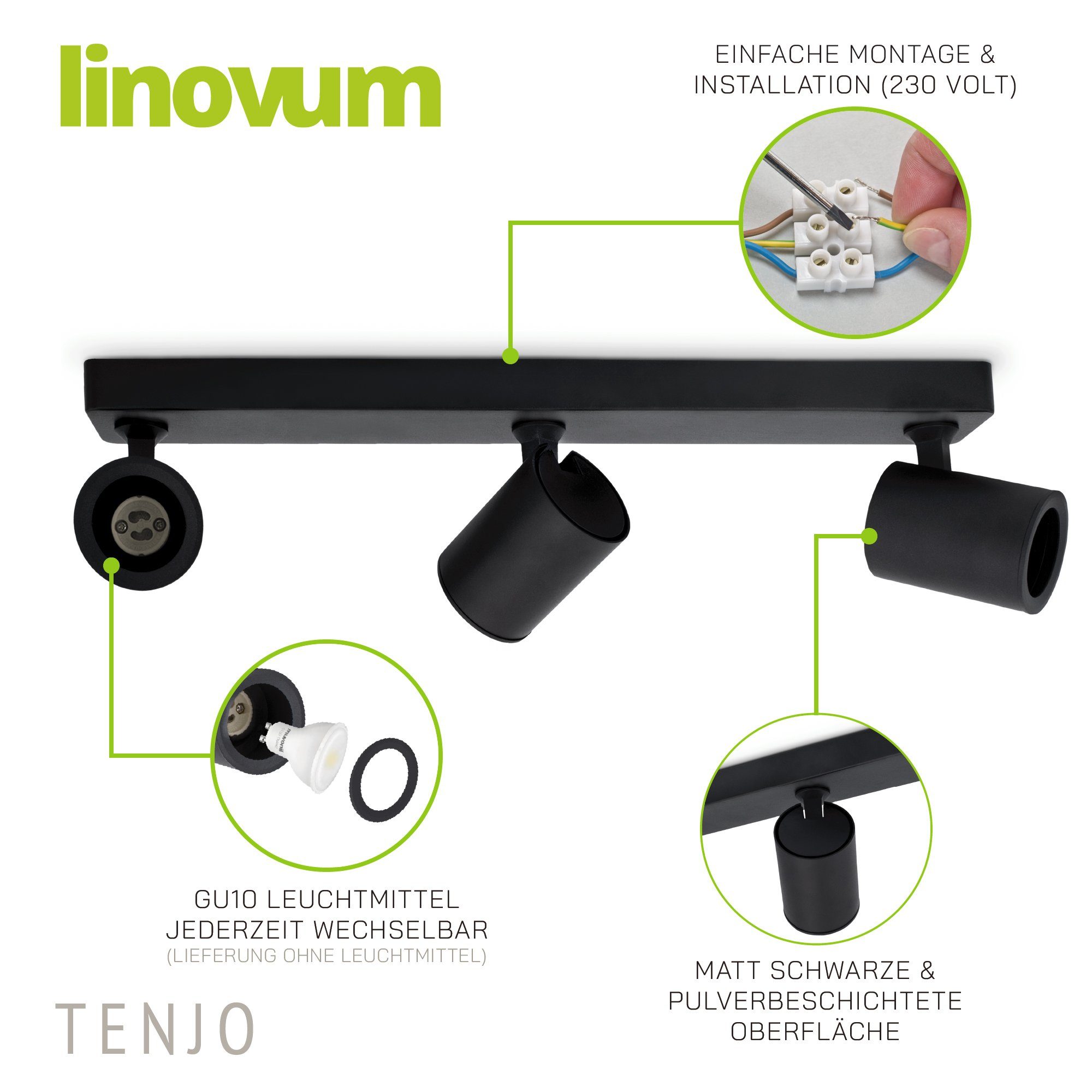 linovum LED Aufbaustrahler TENJO Spots schwarz Leuchtmittel Deckenstrahler schwenkbar, flammig Leuchtmittel drehbar inklusive 3 inklusive, nicht & nicht