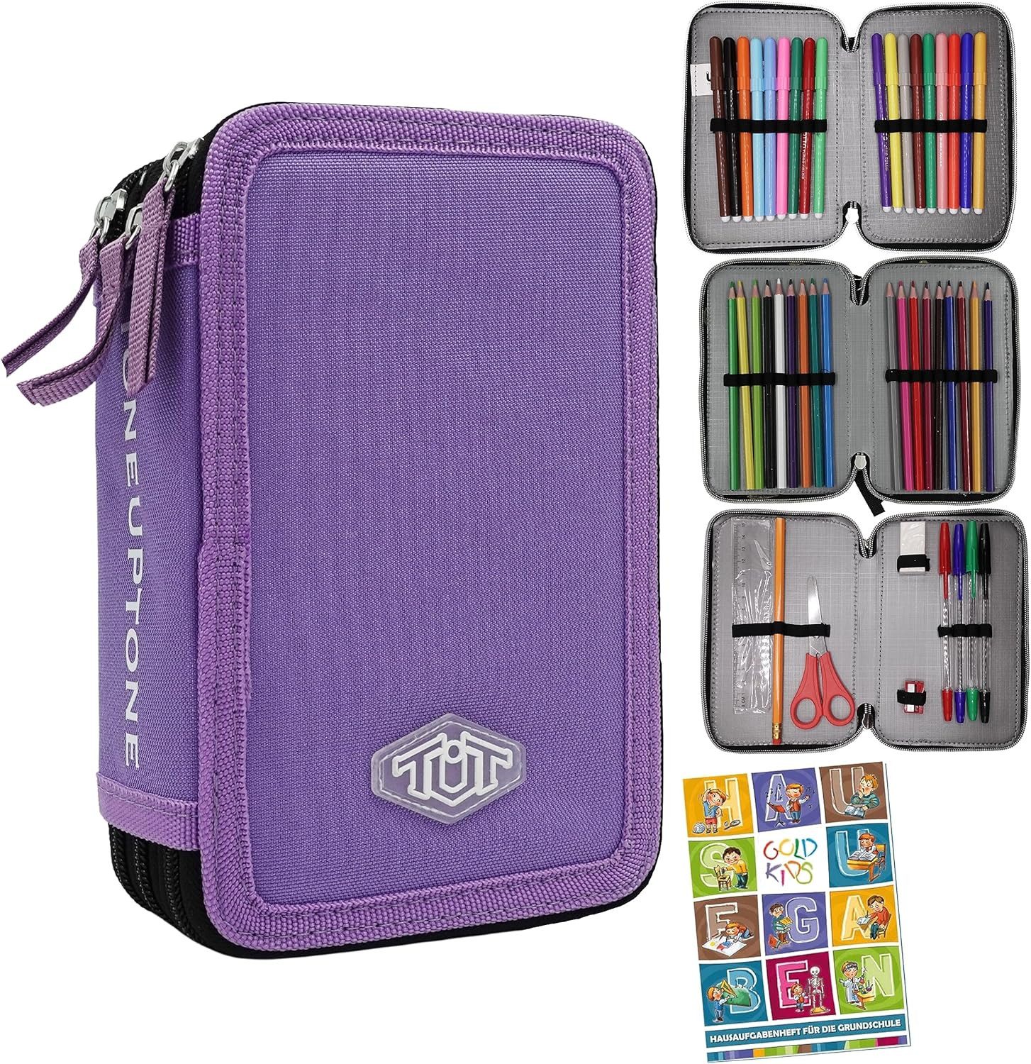 GOLDKIDS Federmäppchen Federmappe Federtasche XXL Schüleretui, (Federtasche Federpenal Schulmäppchen, 1-tlg., ToneUpTone violett 3 Fächer 45-teilig), gefüllt inkl Hausaufgabenheft