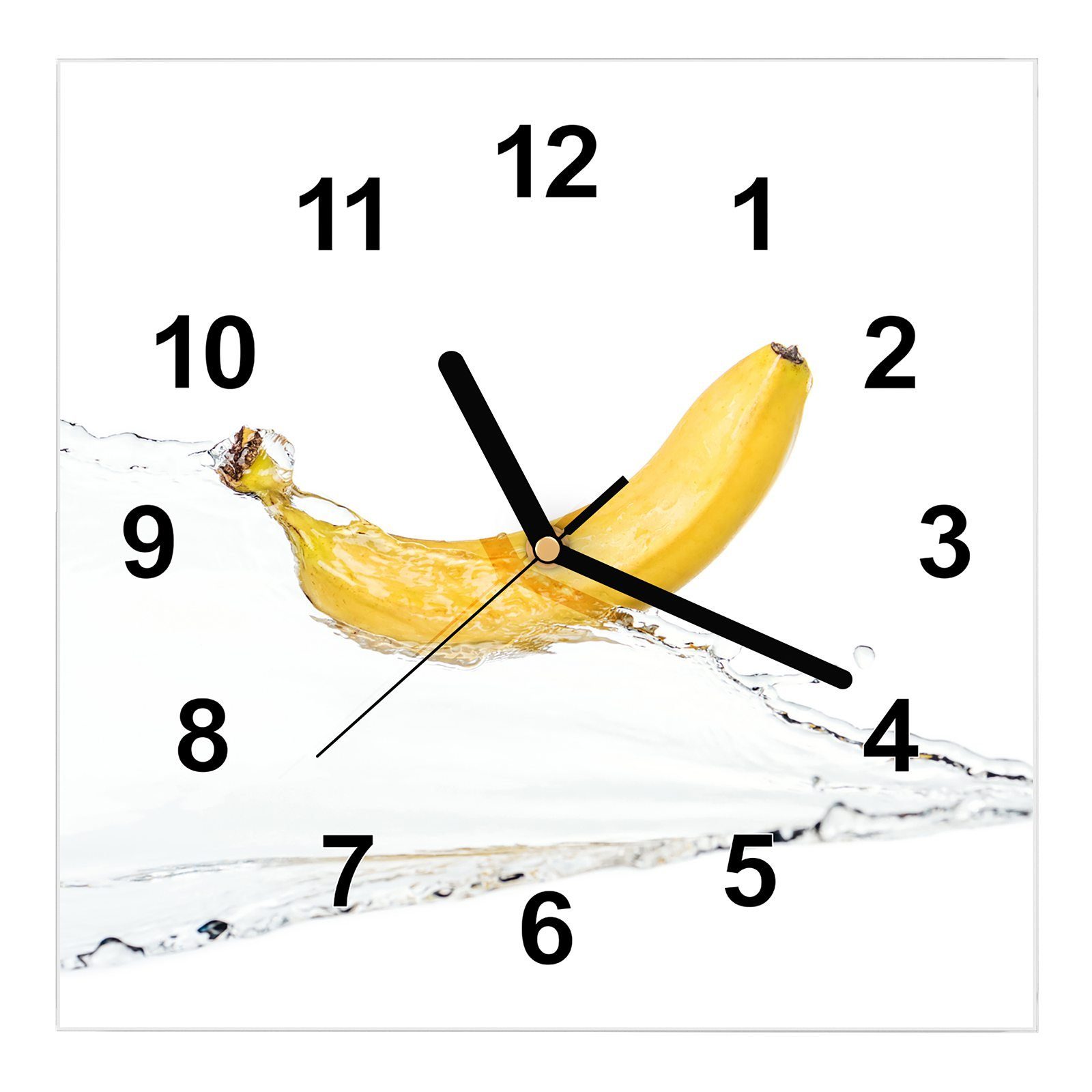 Primedeco Wanduhr Glasuhr Wanduhr Wandkunst Größe 30 x 30 cm mit Motiv Banane auf Wassersplash