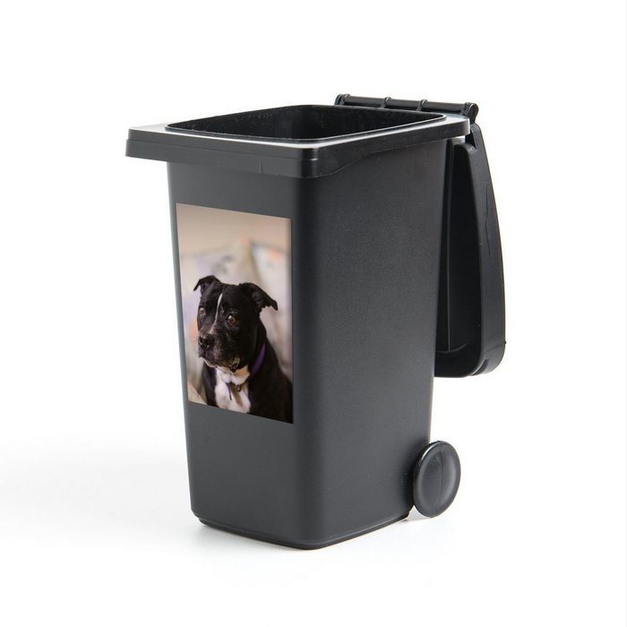 MuchoWow Wandsticker Schwarzer Staffordshire-Bullterrier-Hund auf einem Stuhl sitzend (1 St) Mülleimer-aufkleber Mülltonne Sticker Container Abfalbehälter
