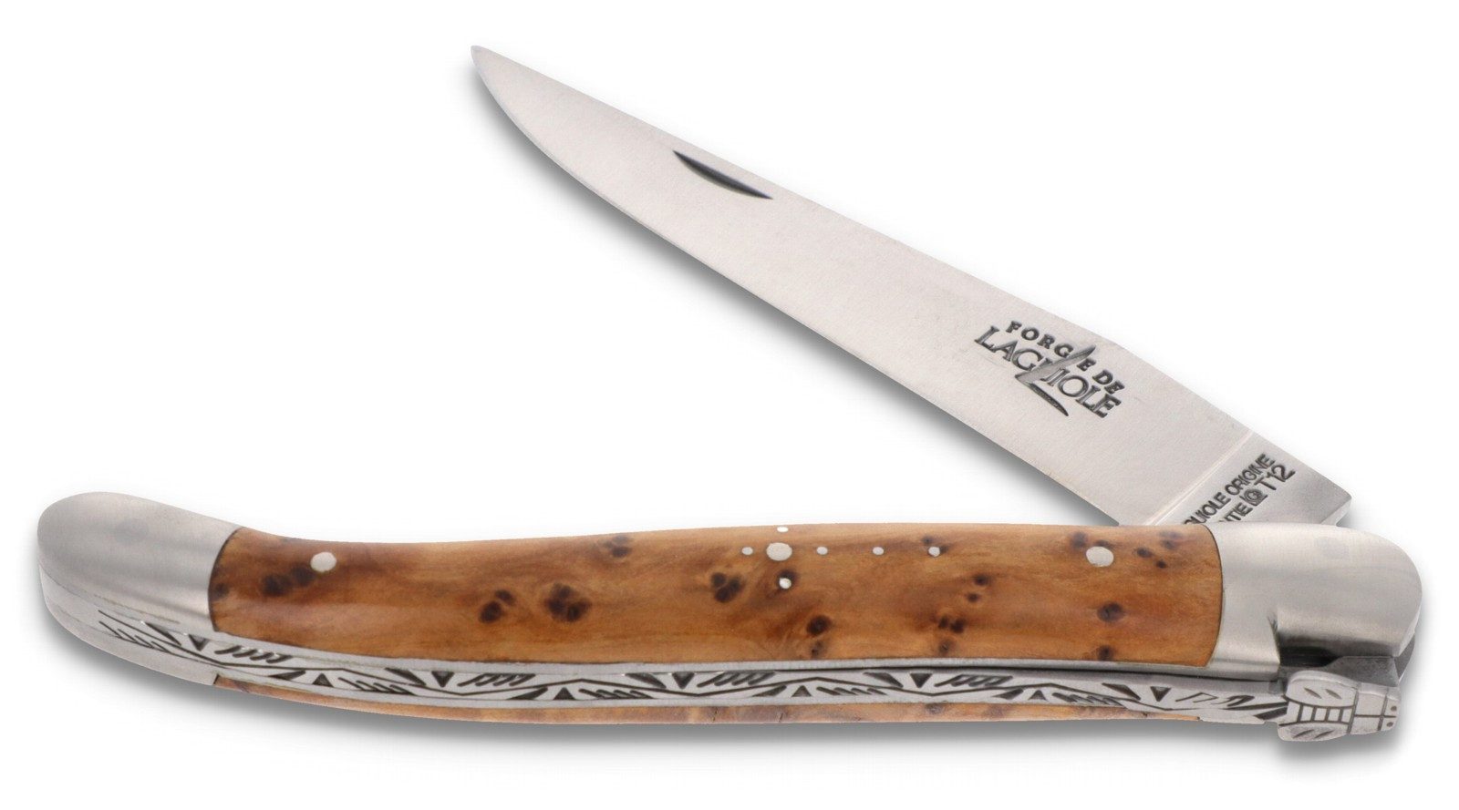 Forge de Laguiole Taschenmesser 1211 IN TH SAT, Griff 11cm Thuja - Verzierte Feder - Klinge Backen Stahl satiniert