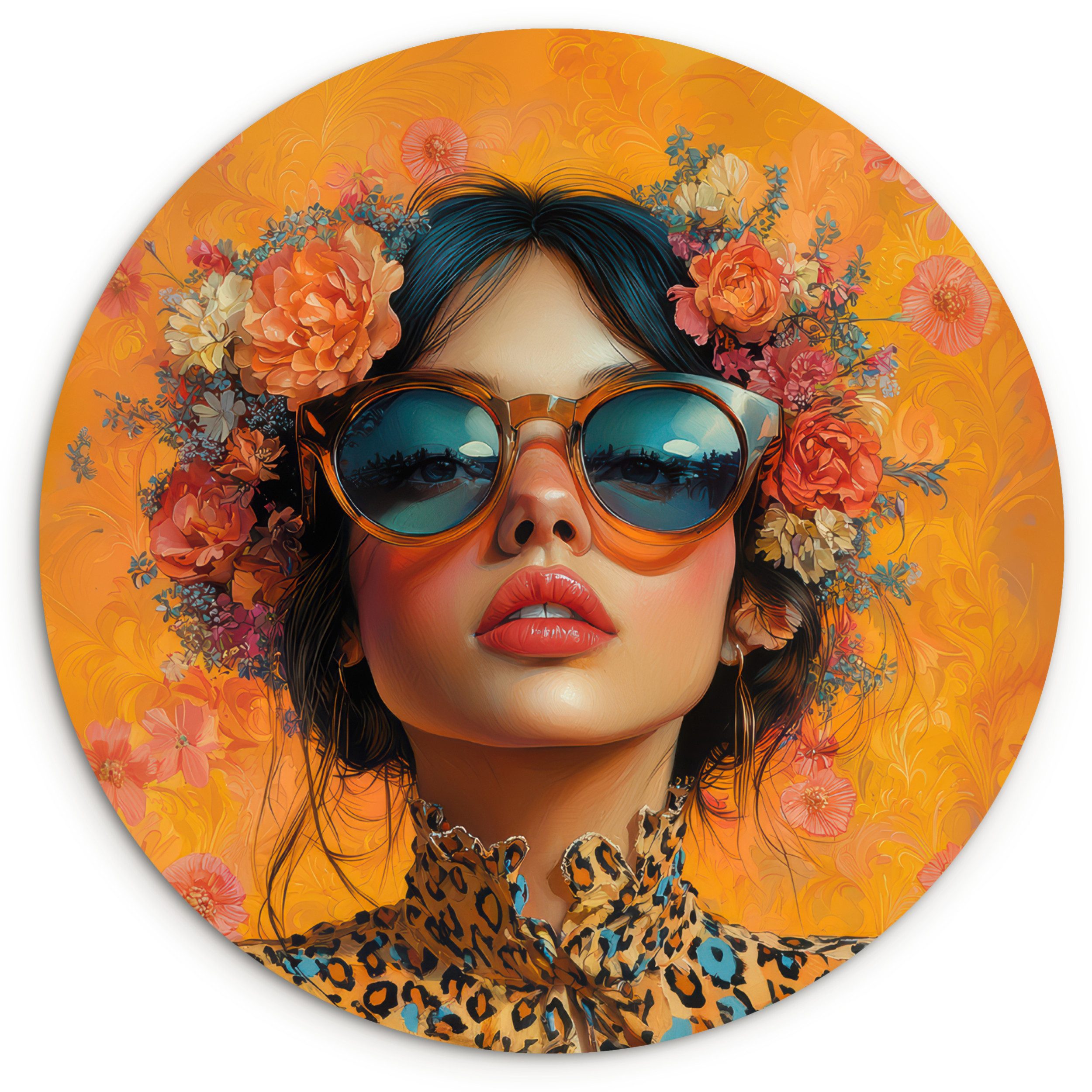 MuchoWow Gemälde Frau - Blumen - Ästhetik - Orange, Fotodruck (1 St), Kreis Wanddekoration, Rundes Wandbild, 30x30 cm