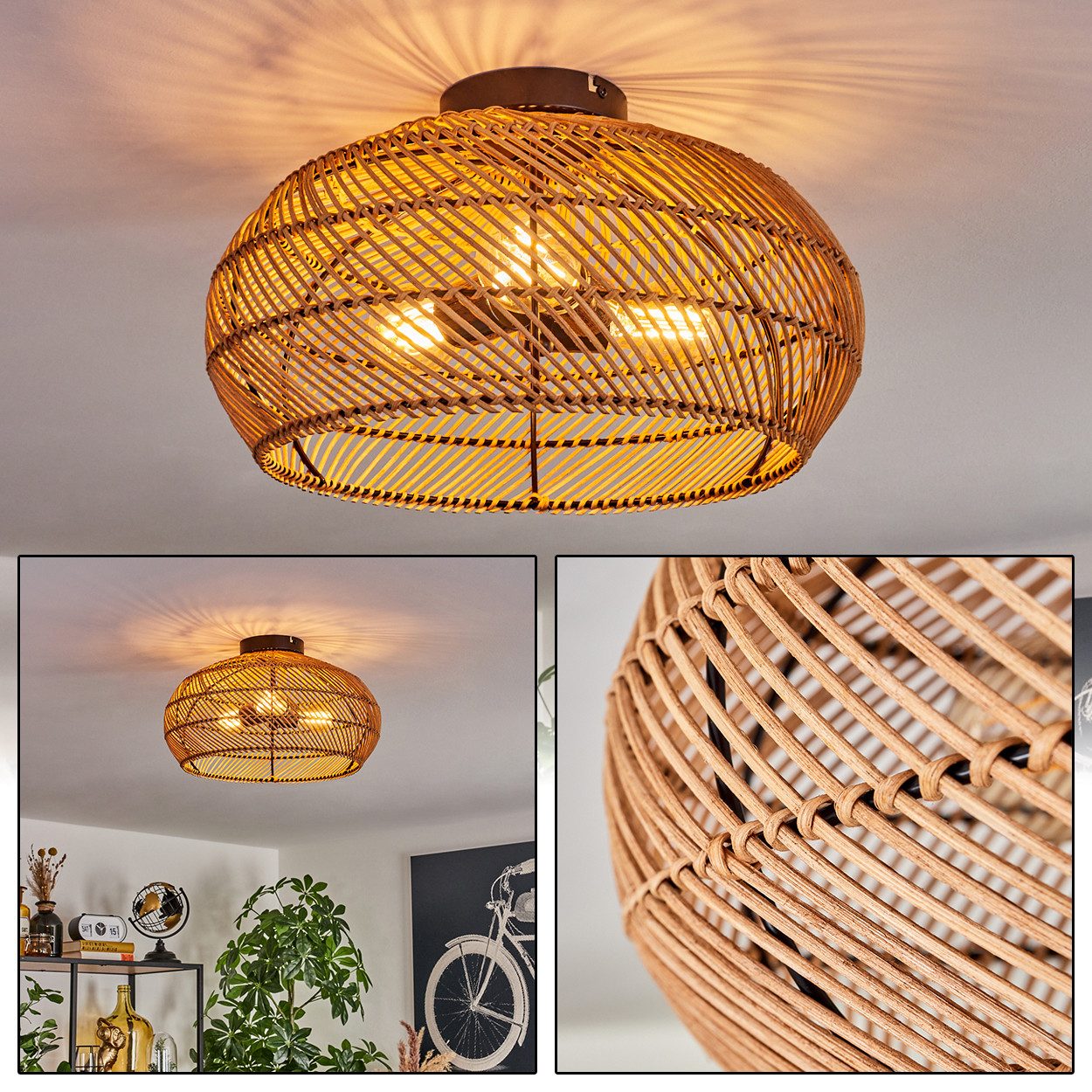 hofstein Deckenleuchte moderne Deckenlampe aus Metall/Bambus/Holz in Schwarz/Natur, ohne Leuchtmittel, Boho-Design Deckenleuchte,Lichteffekt, Ø40cm, 3xE27, ohne Leuchtmittel