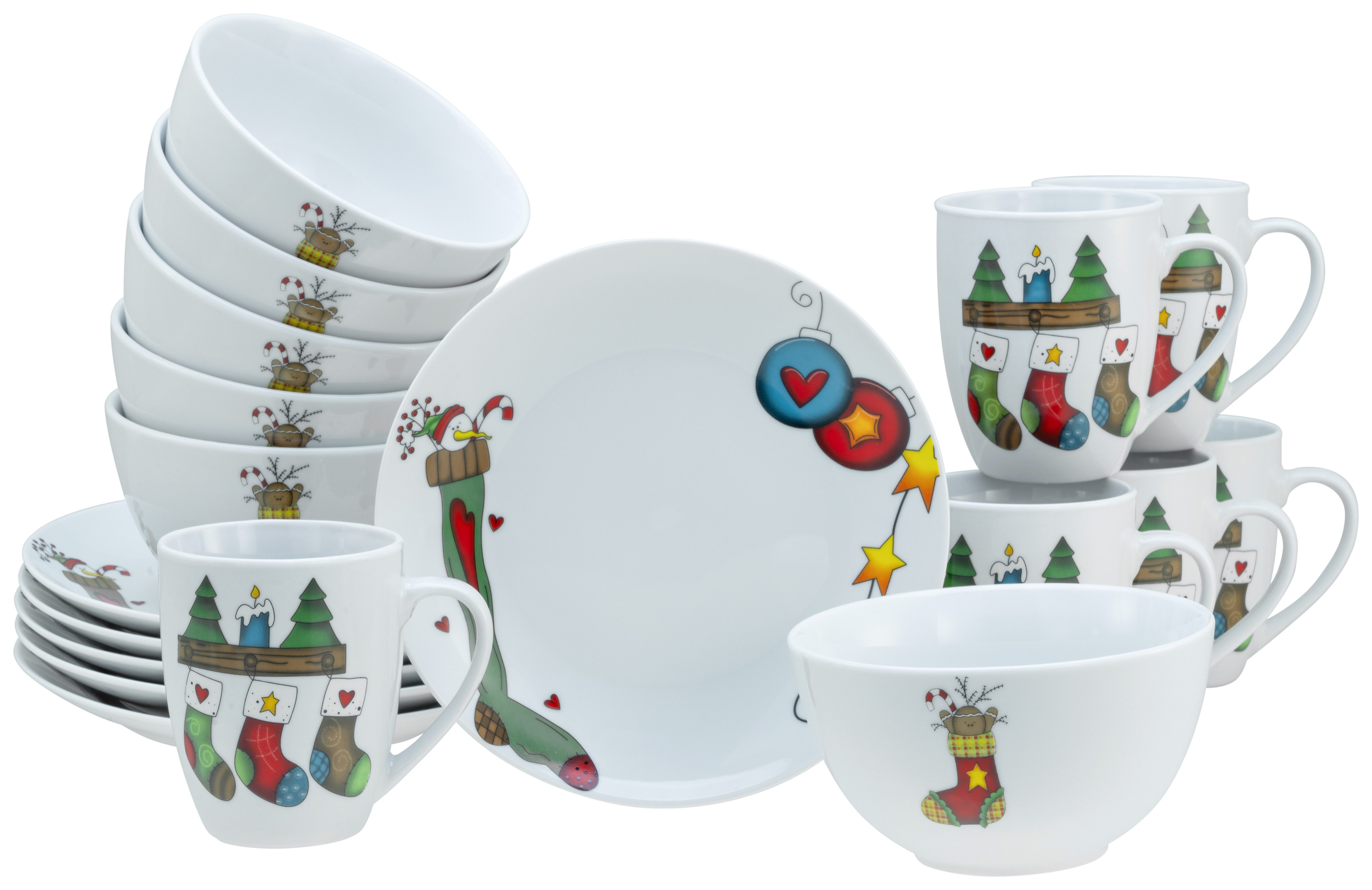 creaTable Frühstücks-Geschirrset Luna Socken, Frühstücksset 18-tlg (18-tlg), 6 Personen, Porzellan, Winterlicher Dekor mit lustigen …