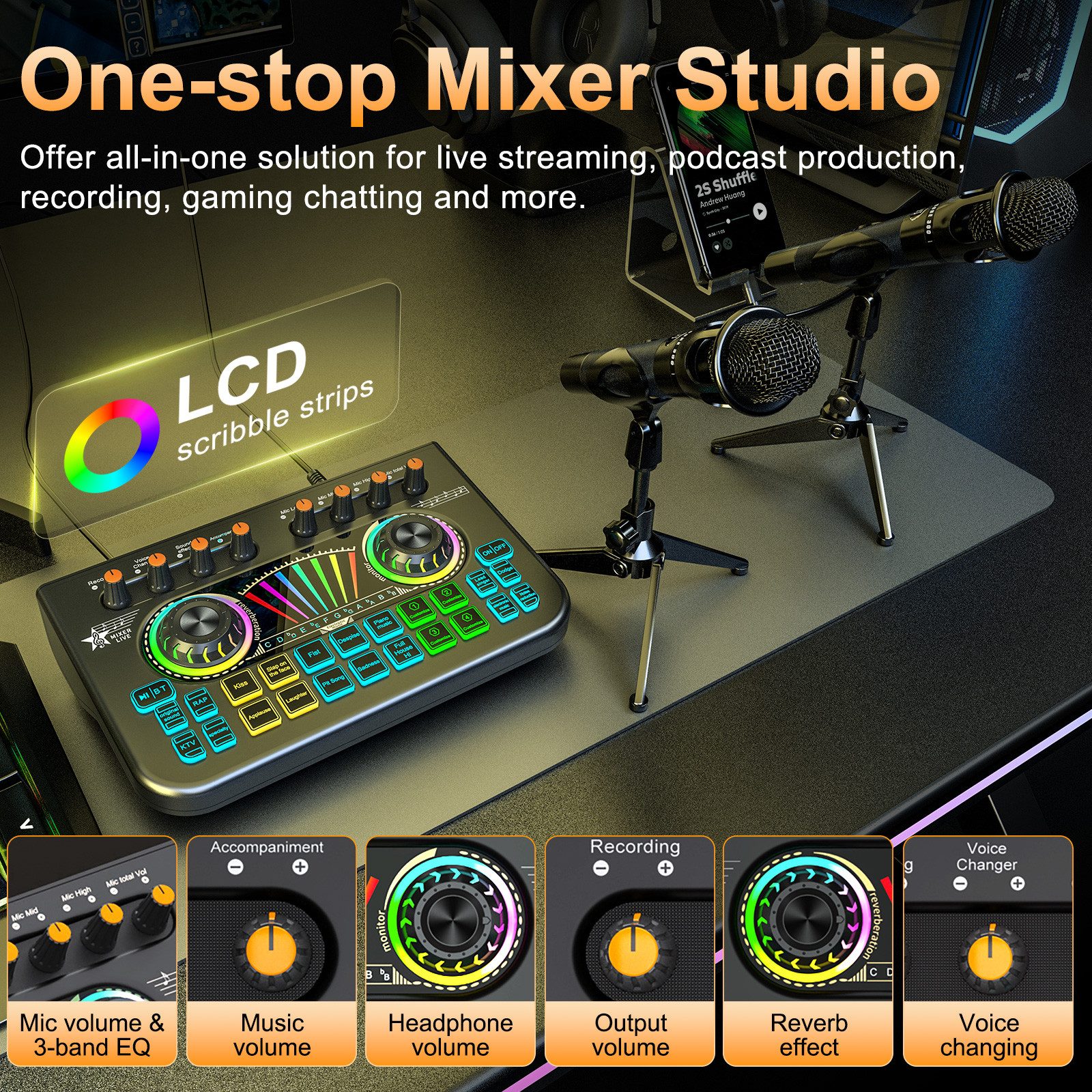 Tenlamp Podcast-Mikrofon-Set mit Soundkarte, Audio-Mixer für PC/Telefon Soundkarte 5.1 Kanäle, Kondensatormikrofon für Live-Streaming, Gaming, Sprachwechsler