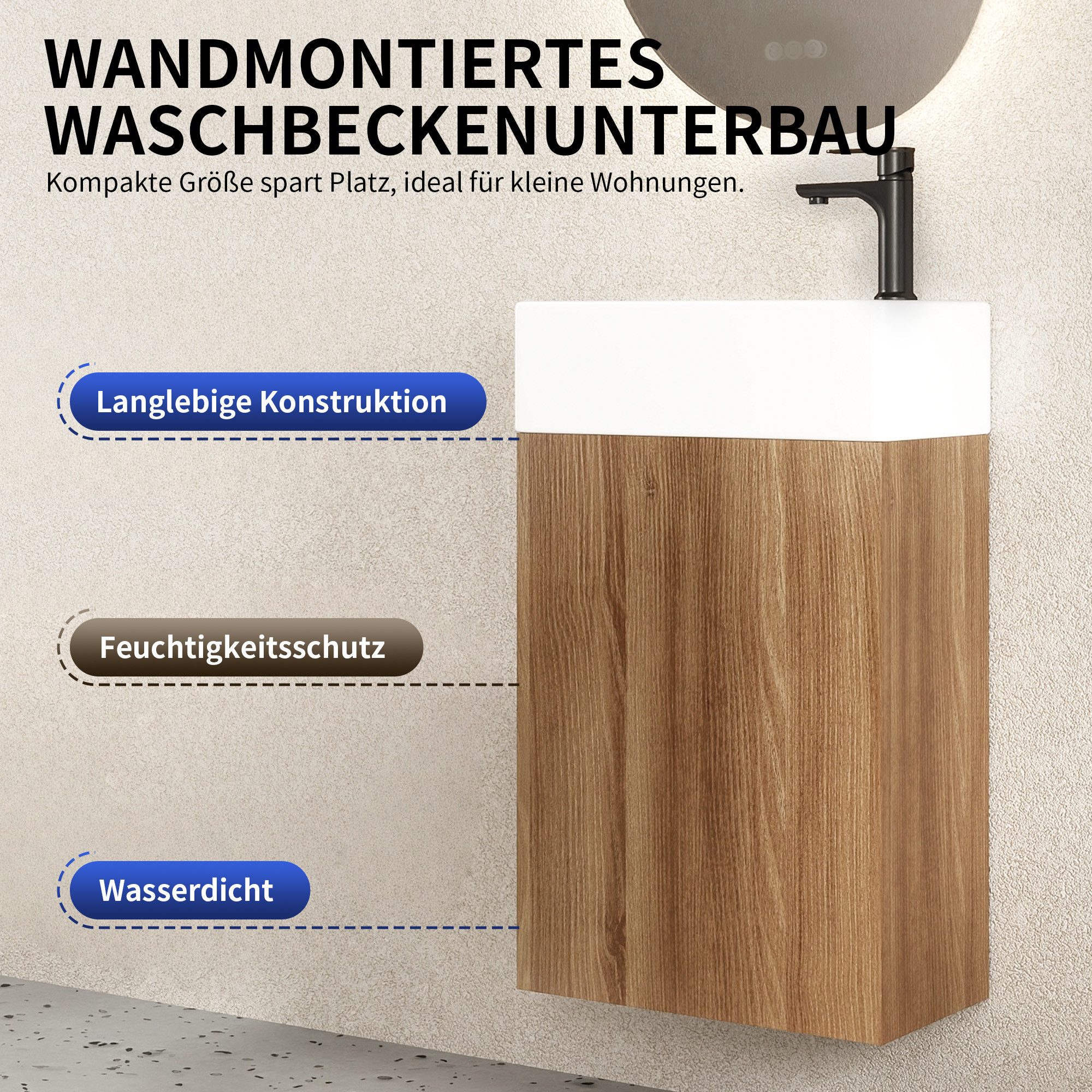 DeerValley Badmöbel-Set Waschbecken Mit Unterschrank Hängend Badmöbel set 41.5x68x23 cm, (Set, Eiche Artisan Waschtisch für Badezimmer), Fireclay-Becken mit off – Bild 4 von 5