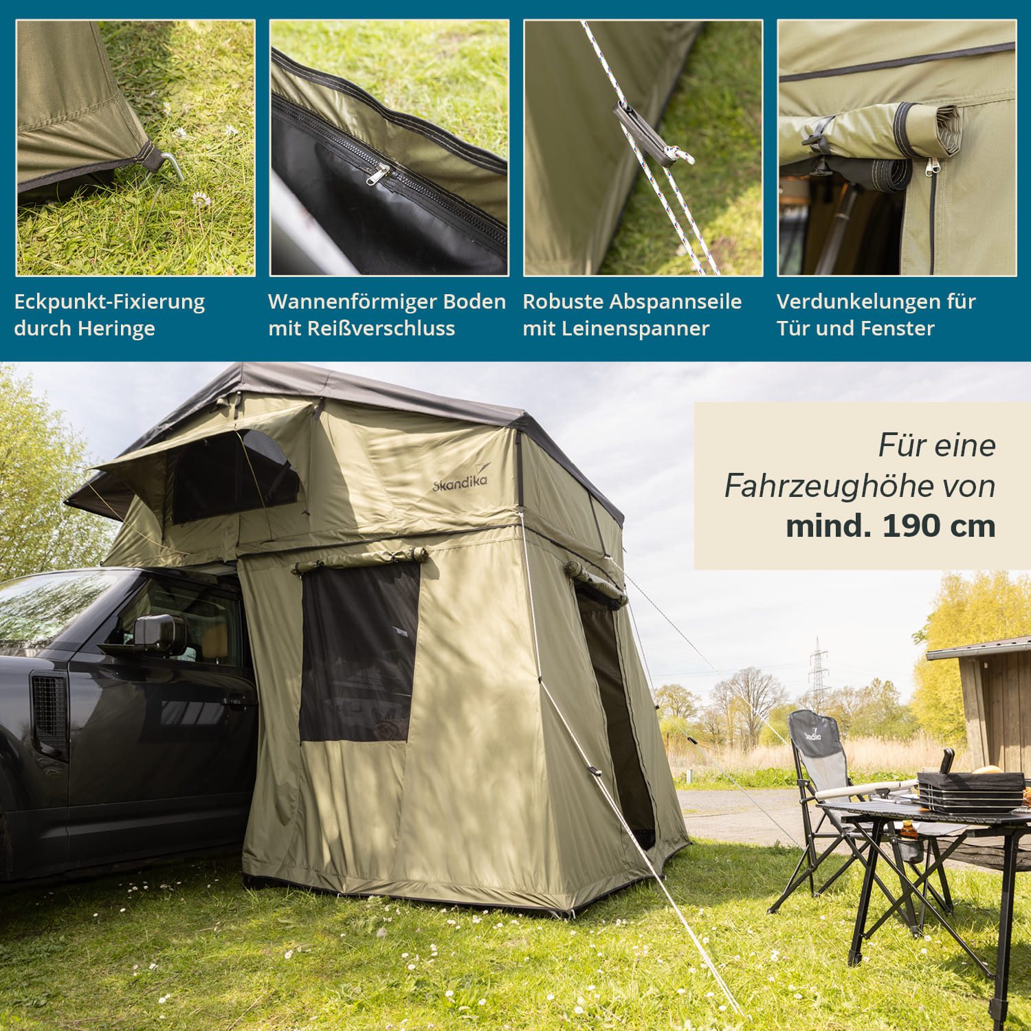 Skandika Dachzelt Freeland, Personen: 2 (L mit Vorzelt), wasserfest 2500 mm, Eingang und Fenster mit Moskitonetz