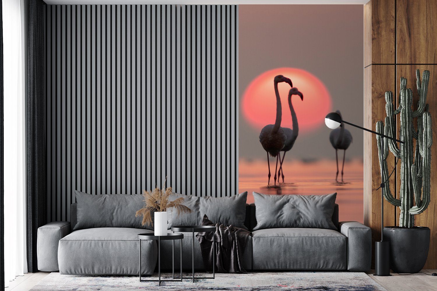 (2 Sonnenuntergang bedruckt, Wohnzimmer Vogel Fototapete Schlafzimmer - - Rosa, Flamingo - Matt, Vliestapete St), für Fototapete MuchoWow Küche,