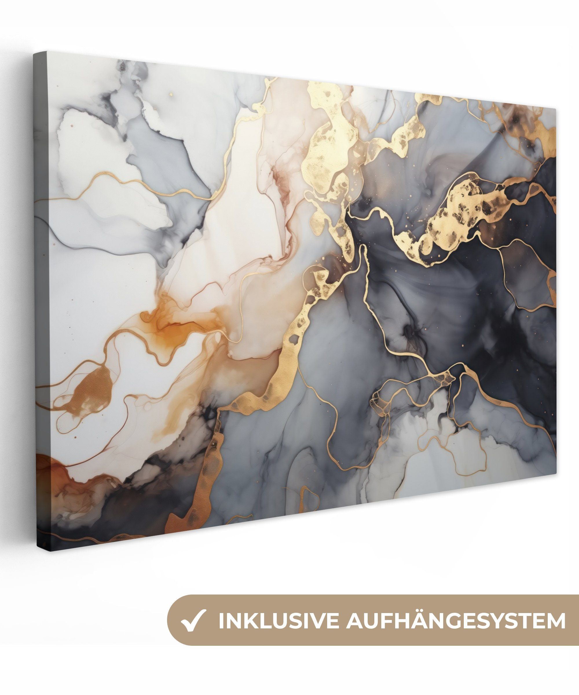 OneMillionCanvasses® Leinwandbild Marmor Schwarz (1 30x20 Leinwandbilder, Weiß, Wandbild - cm - Aufhängefertig, Wanddeko, Gold St), 