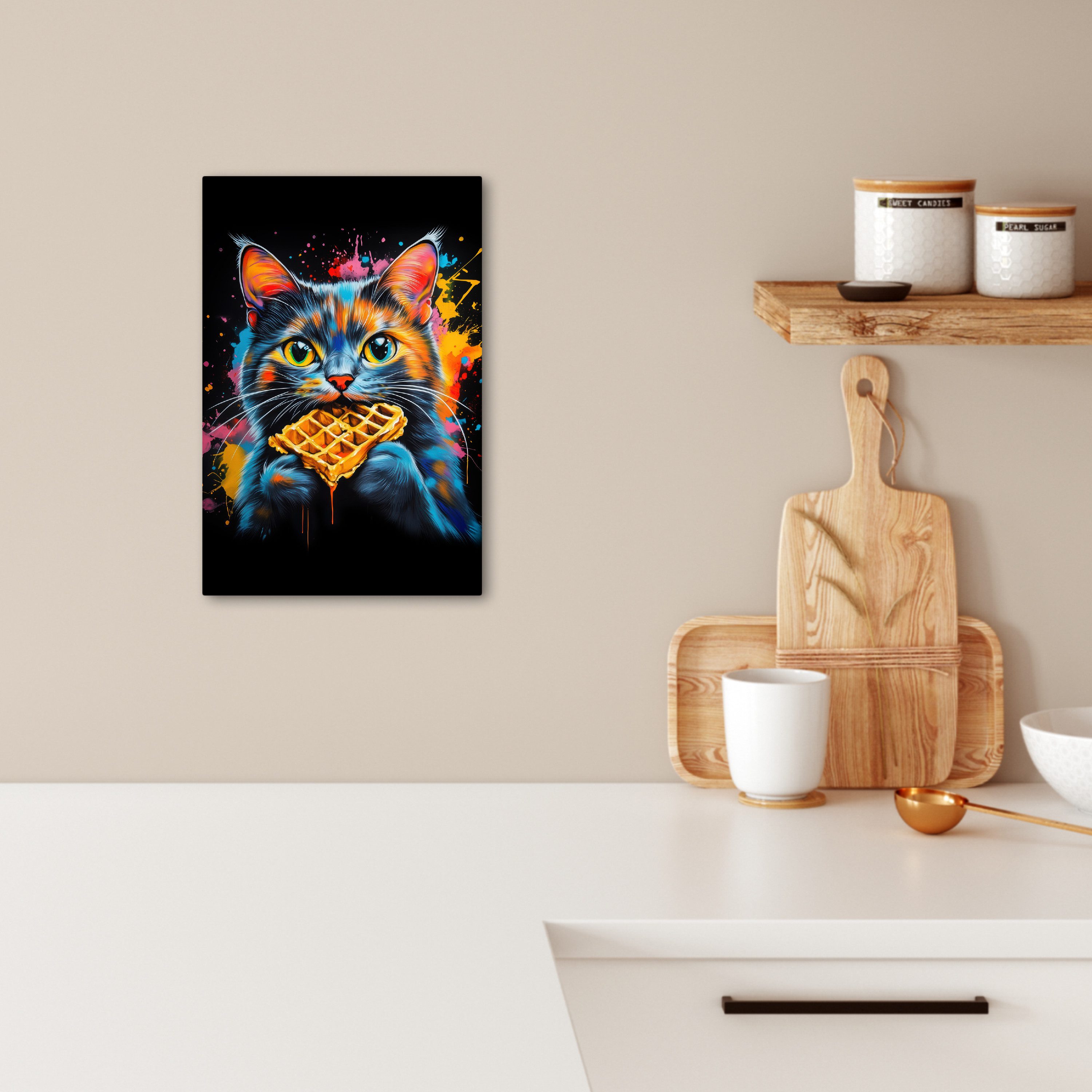 OneMillionCanvasses® Leinwandbild Katze - Graffiti - Bunt - Waffel - Essen, günstig online kaufen
