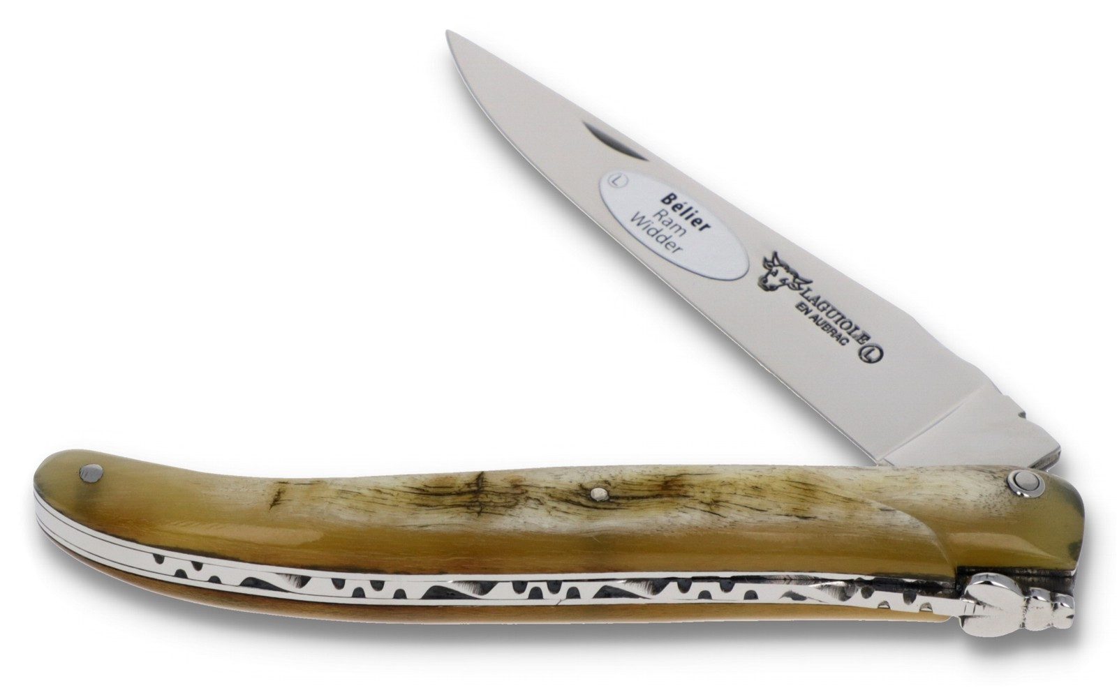 Laguiole en Aubrac Taschenmesser L0512BEIF, Griff 12cm Widderhorn (plein manche) - Feder verziert - Stahl glänzend