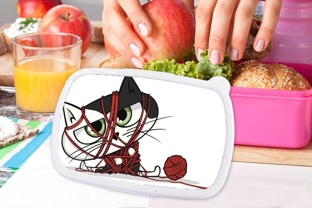 Katze Wolle (2-tlg), Kunststoff - Rot, Kunststoff, für Snackbox, Brotdose Mädchen, rosa MuchoWow - Brotbox Erwachsene, Lunchbox Kinder,