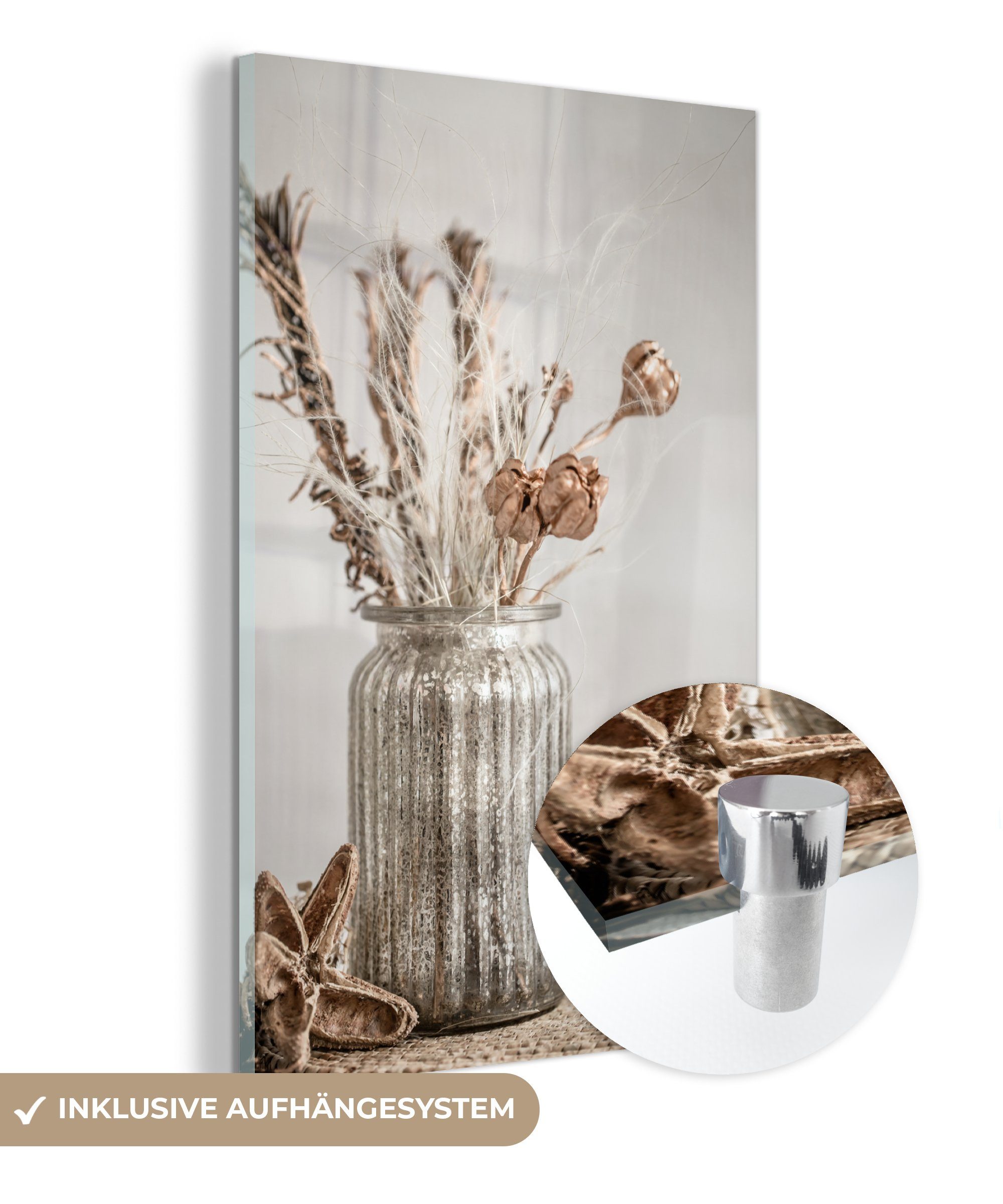 MuchoWow Acrylglasbild Getrocknete Blumen - Stilleben - Vase, (1 St), Glasbilder - Bilder auf Glas Wandbild - Foto auf Glas - Wanddekoration