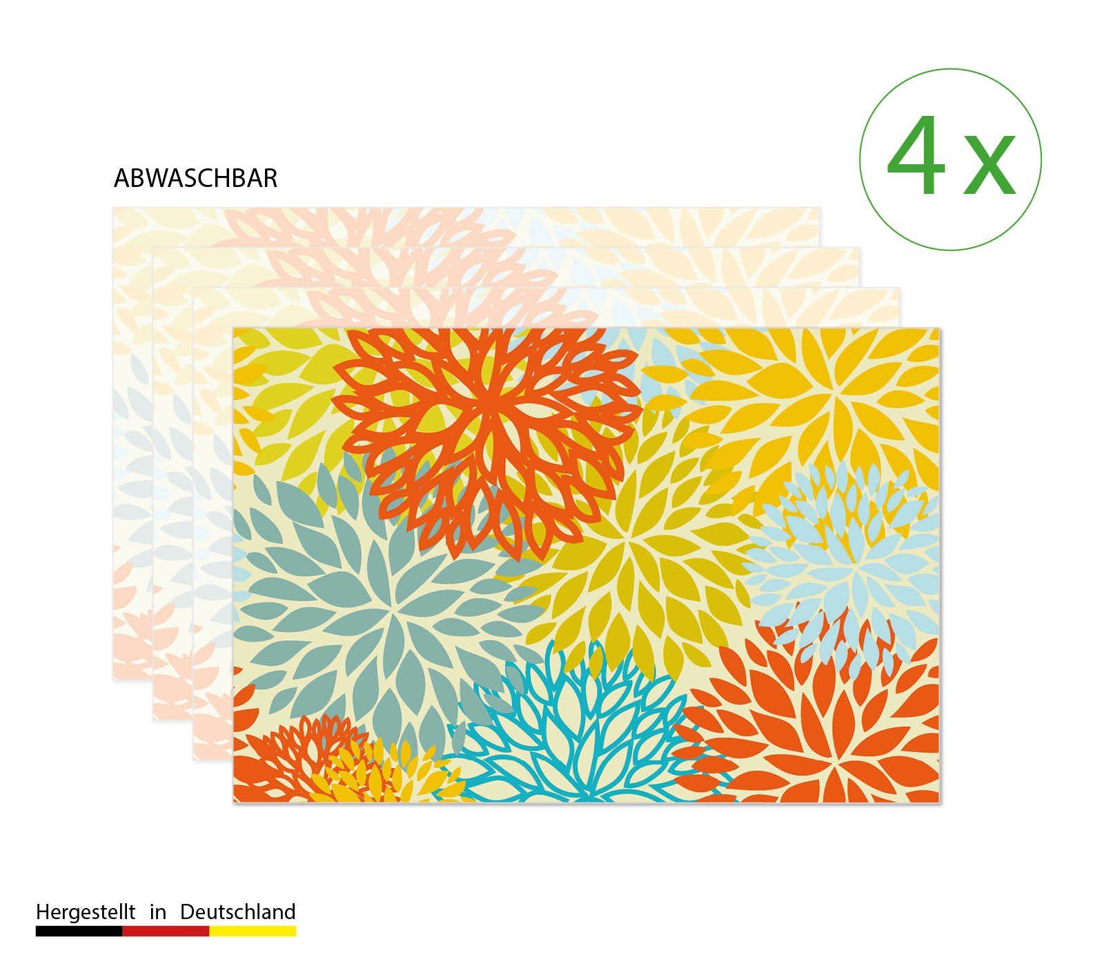 cover-your-desk.de Platzset Tischset, Platzset abwaschbar - Bunter Löwenzahn - aus Premium Vinyl (Kunststoff - BPA-frei) - 4 Stück - 44 x 32 cm - rutschfeste Tischdekoration!, (4-St)