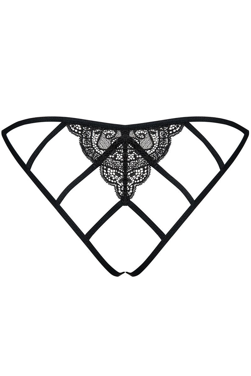 Blumenmuster Dessous schwarz mit Thong Panty-Ouvert Obsessive String transparent offen (einzel, 1-St) Miamor