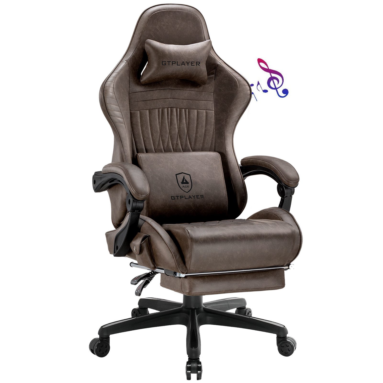 GTPLAYER Gaming-Stuhl ergonomischer Bürostuhl mit HIFI Stereo Lautsprecher, Mit Fußstütze und Verbindungsrmlehne höhenverstellbar Kopfstütze