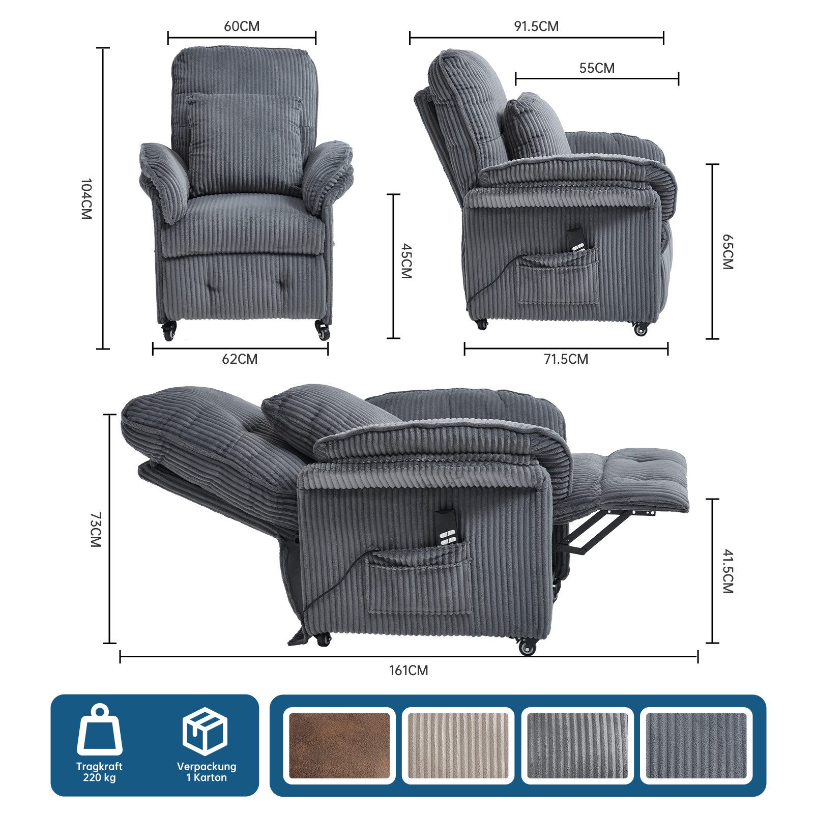Happy Home Relaxsessel 2 Motoren Elektrischer Relaxsessel, Fernsehsessel mit Liegefunktion