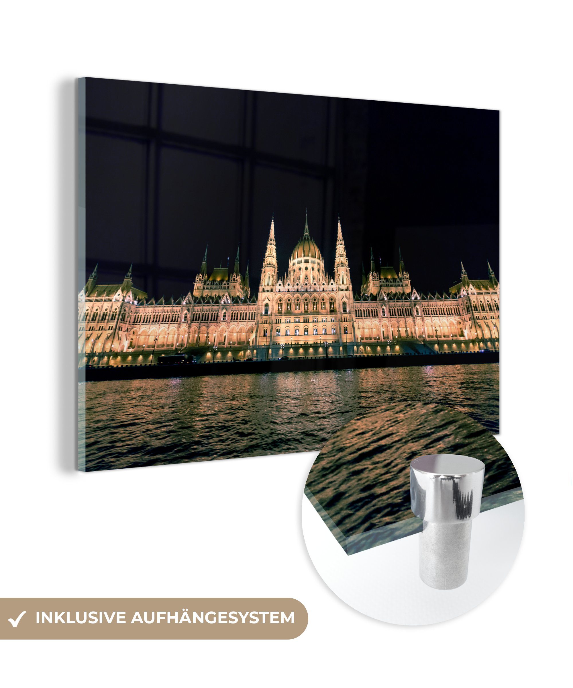 beleuchtete fotografiert Das (1 Schlafzimmer MuchoWow ungarische Wohnzimmer Acrylglasbilder Parlamentsgebäude, & St), Nacht, Acrylglasbild bei