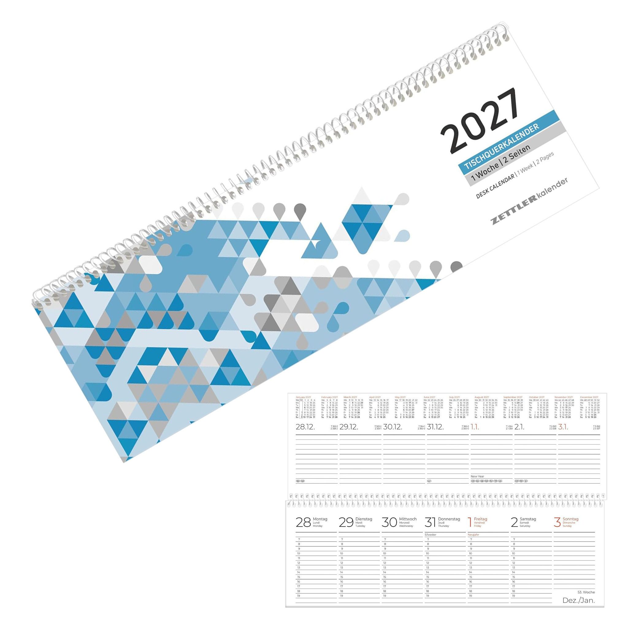 ZETTLER Tischkalender ZETTLER 2027 Pultkalender 1W 2S blau Querkalender Spiralkalender Schre