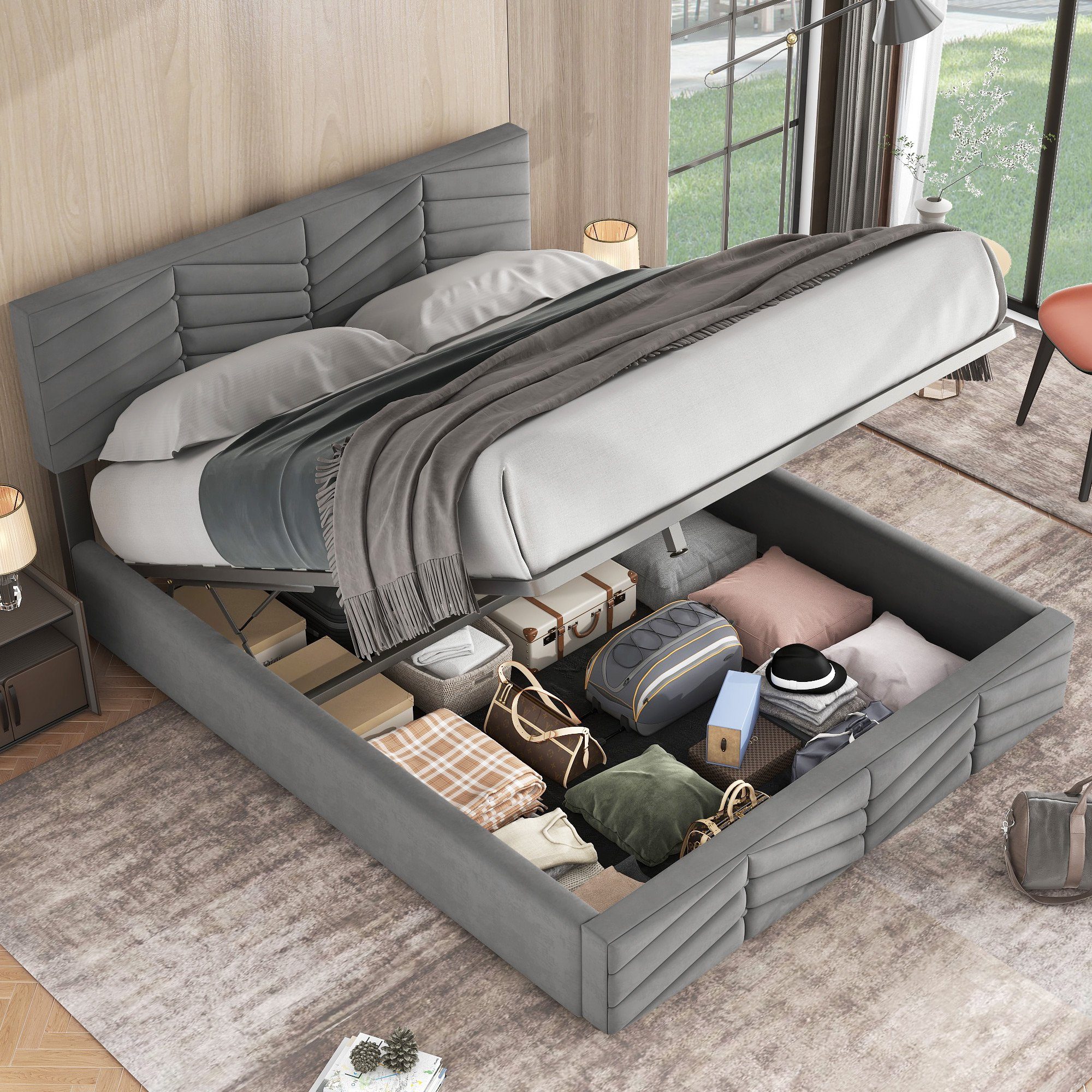 SOFTWEARY Polsterbett Doppelbett mit Lattenrost und Bettkasten (140x200 cm), Kopfteil höhenverstellbar, Samt grau