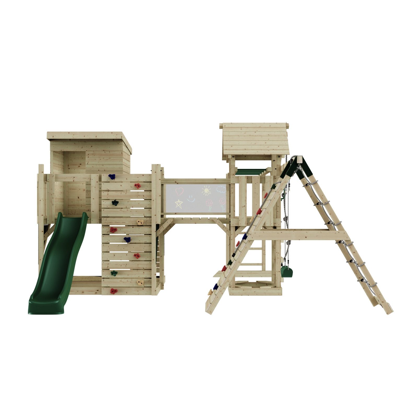 OutdoorToys Spielturm Tessa, aus Holz in Dunkelgrün mit Kinderschaukel & Rutsche, Kletterwand