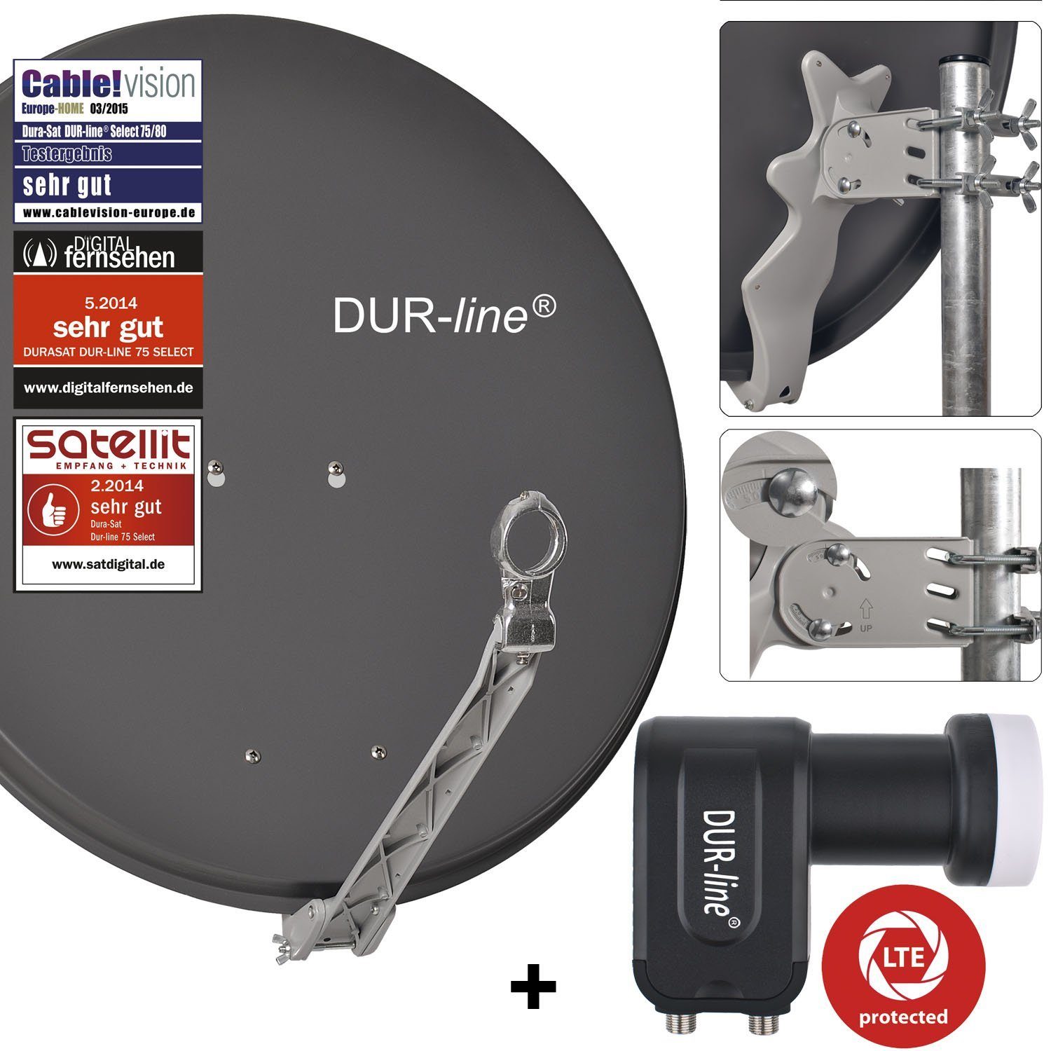 DUR-line DUR-line 2 Teilnehmer Set - Qualitäts-Alu-Satelliten-Komplettanlage - Sat-Spiegel