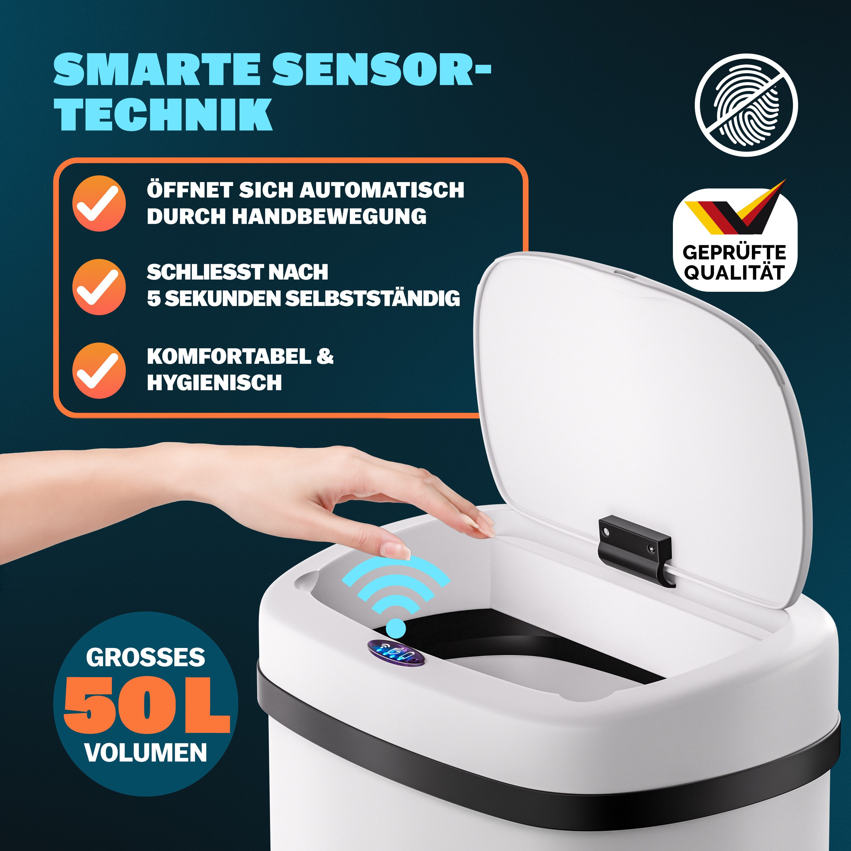 monzana Mülleimer, 50 L Automatik Sensor Mülleimer LED Display Müllbehälter berührungslos