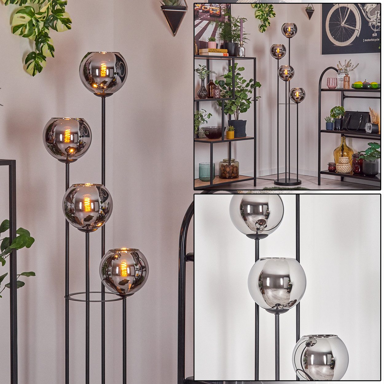 Stehlampe Stehlampe aus Metall/Glas in Schwarz/Chrom/Rauch mit Fußschalter