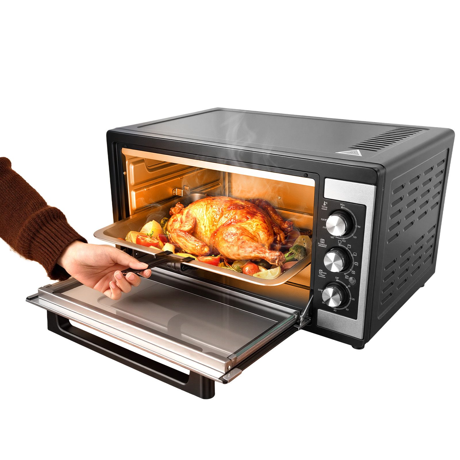Rutaqian Minibackofen Minibackofen 46 Liter, 1500W Mini Backofen Heißluft Umluft, 9-in-1 Ofenmaschine für den Tisch, Drehspieß, 60 Min Timer, Edelstahl