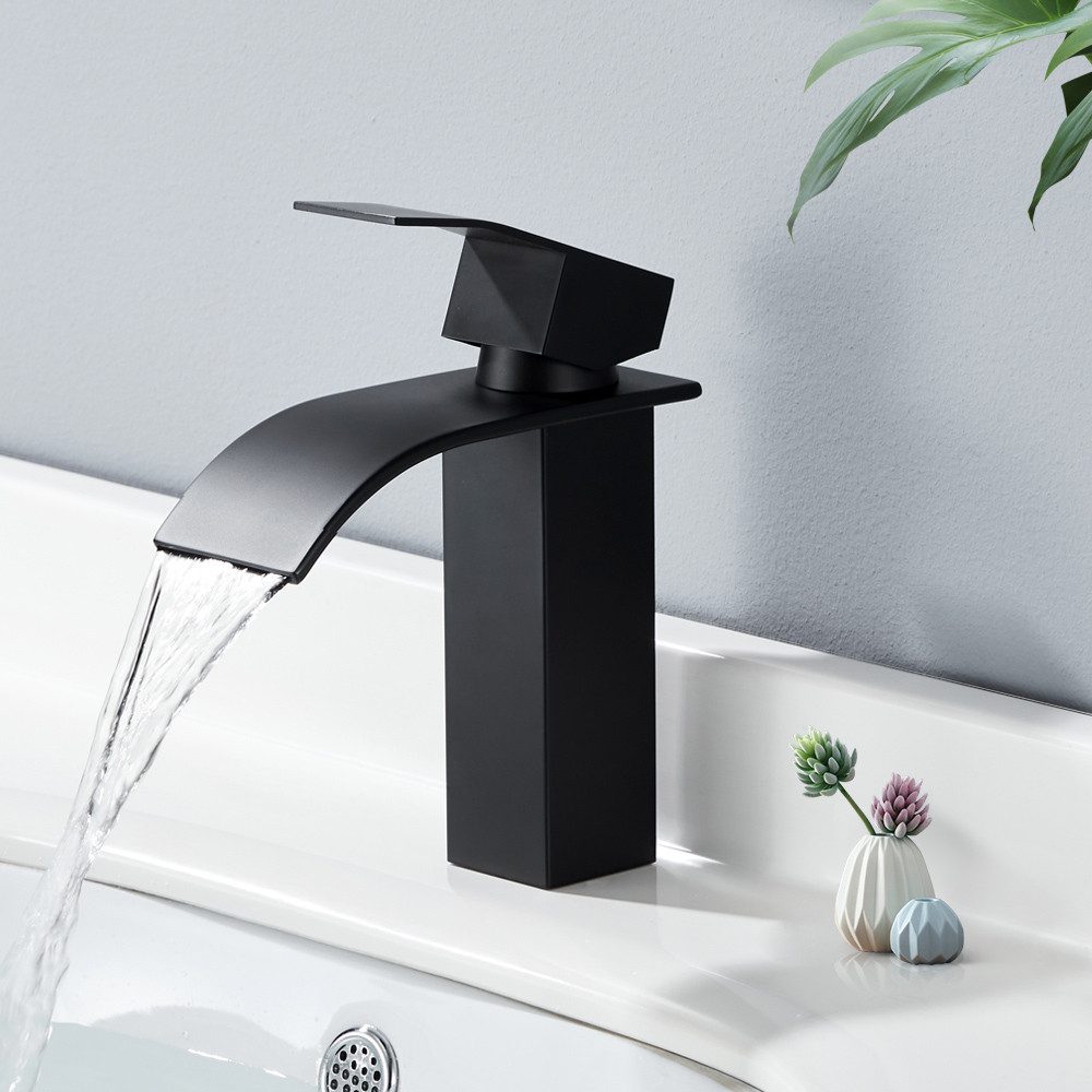 Hoch Badarmatur Wasserfall – Verchromte Mischbatterie Für Waschbecken, Einhandmischer, Mit Flexiblen Anschlüssen