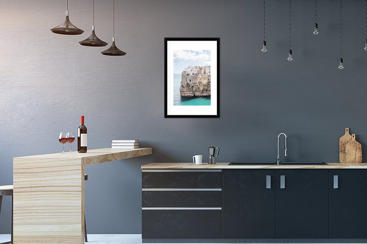 MuchoWow Poster Italien - Küste - Felsen, (1 St), mit Rahmen, Kunstdruck, Gerahmtes Poster, Schwarzem Bilderrahmen