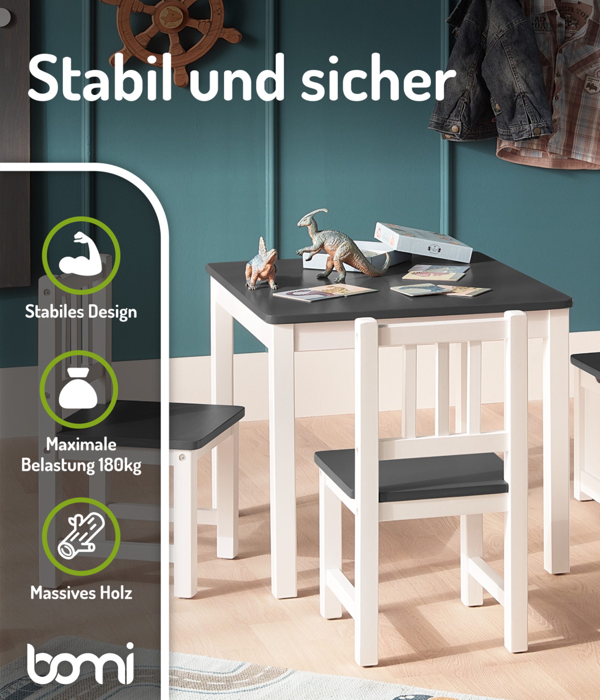 BOMI Kindersitzgruppe Holzsitzgruppe Anna, (Set, 4-tlg., 1x Tisch, 1x Truhenbank & 2x Stühle), Kindertischgruppe aus Holz, als Spiel- & Maltisch – Bild 5 von 5