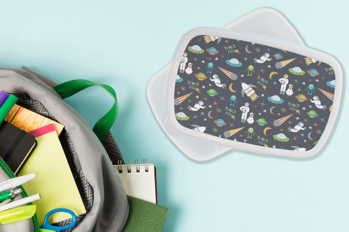 Brotdose, Brotbox MuchoWow Kunststoff, für Muster, (2-tlg), Mädchen und Regenbogen Astronaut Jungs - - Kinder Ufo - für Lunchbox und Erwachsene, weiß
