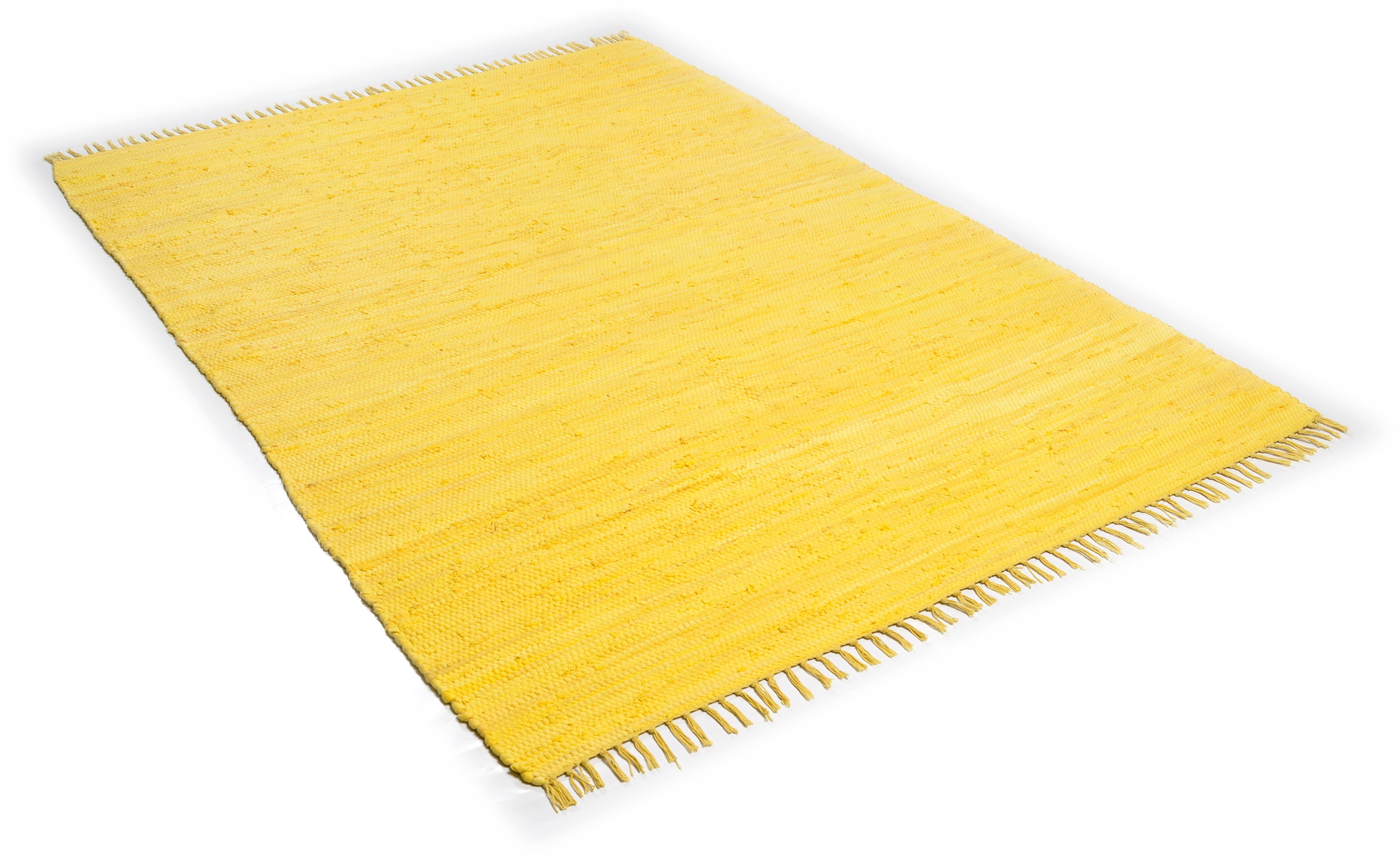 Happy rechteckig, Fransen handgewebt, Flachgewebe, THEKO, 5 Teppich, Handweb gelb mit Höhe: mm, reine Cotton, Teppich Baumwolle,