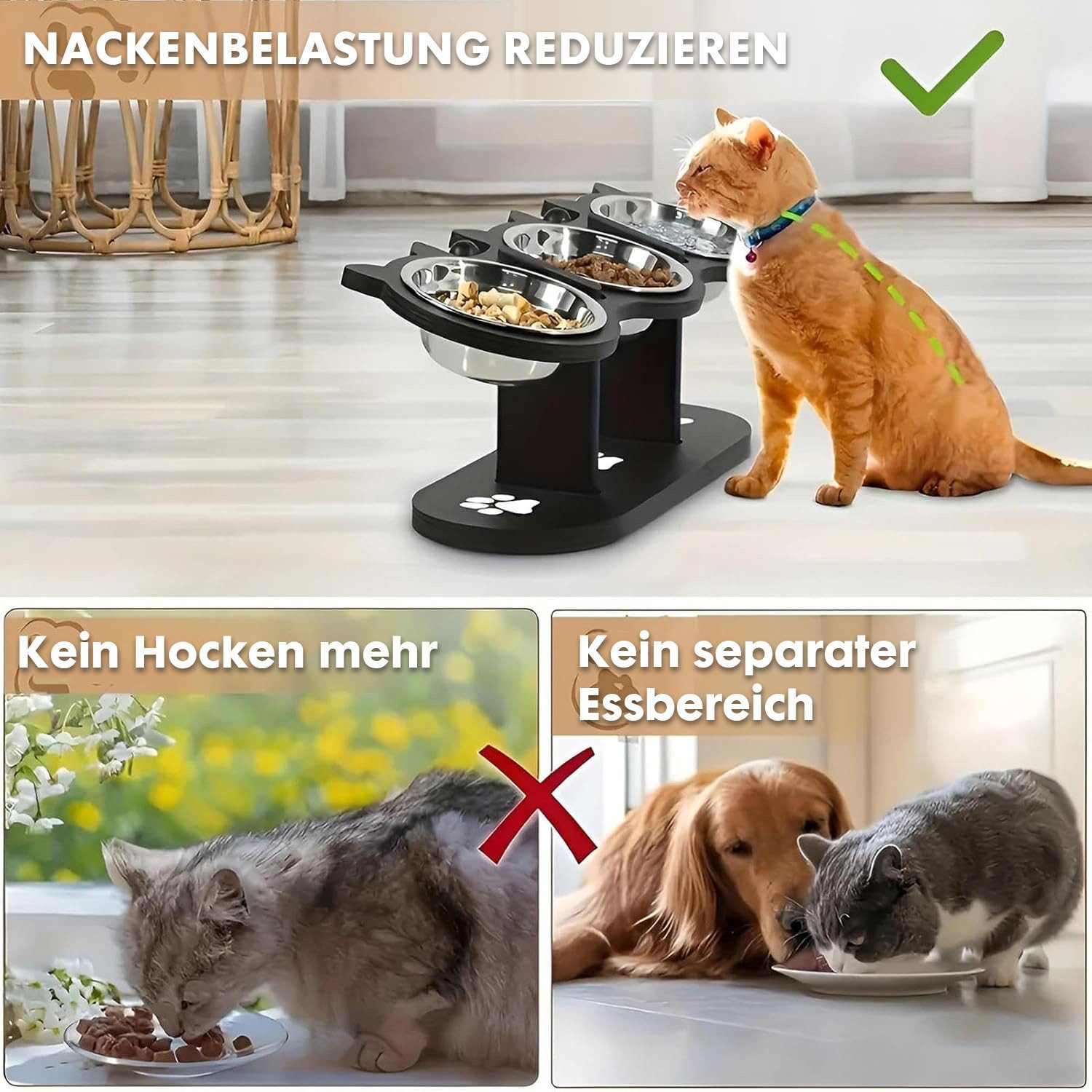 Refined Living Futternapf Katzennapf Erhöht Superdesign 15 Grad Neigung Hundenapf Erhöht, Napf-Set, Höhenverstellbarer Futternapf-Ständer 3 Edelstahlschalen