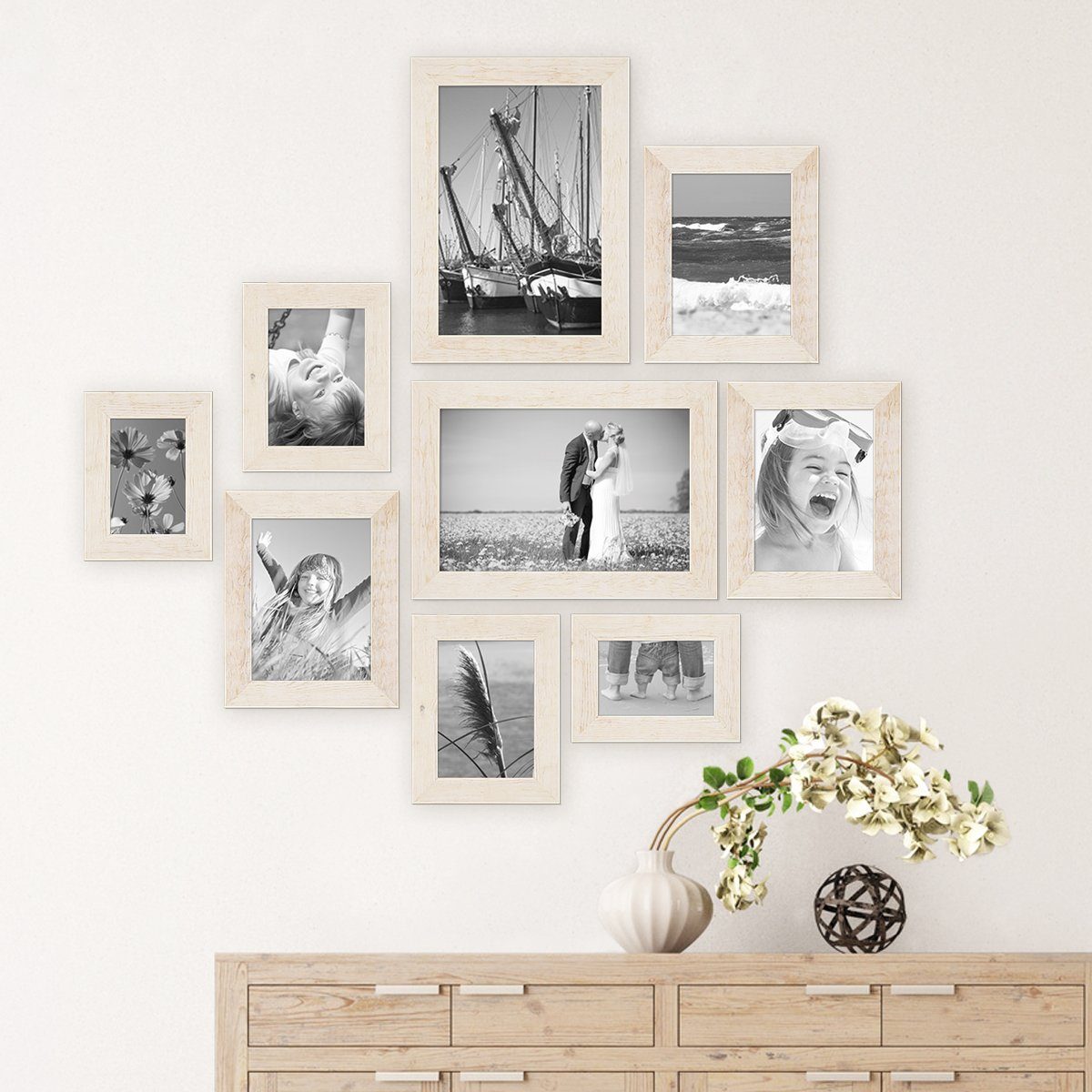 PHOTOLINI Bilderrahmen 9er Set Strandhaus Rustikal 10x15 bis 20x30 cm Natur Massivholz, für 9 Bilder (9er Set)